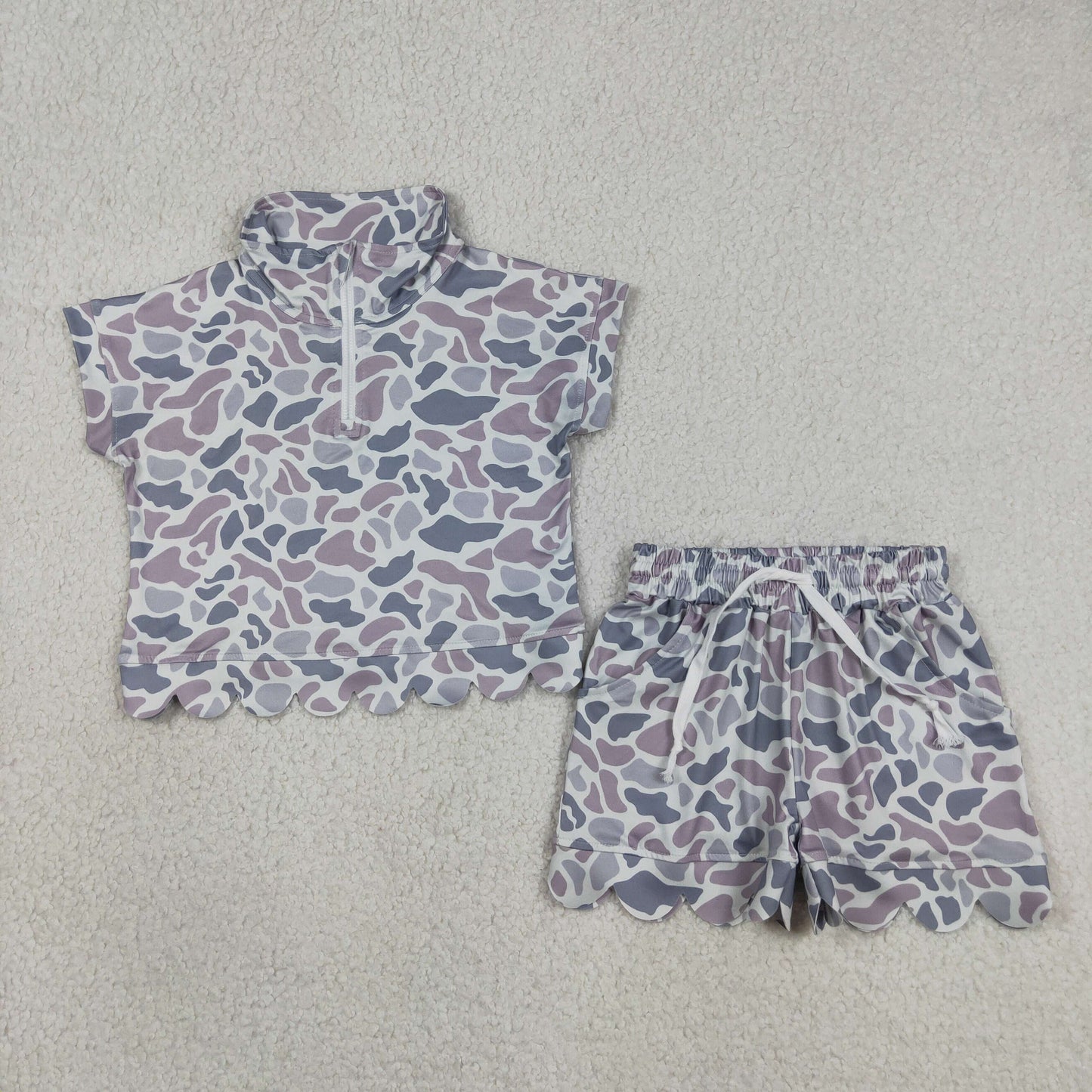 GSSO3564 Scallop Camo Short Sleeve Shorts Girls Set