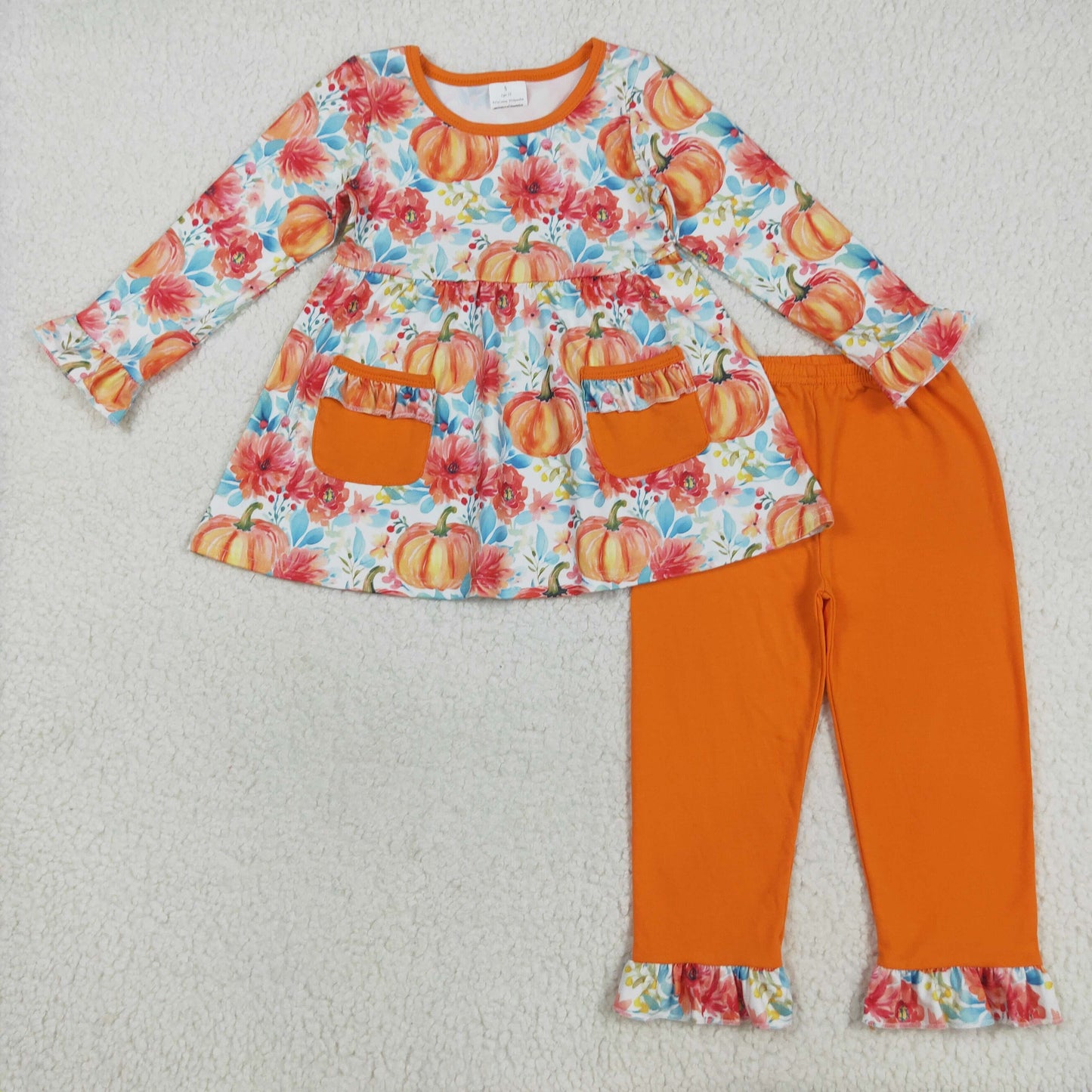 GLP2399 Autumn pumpkin flowers pockets long sleeve orange pants girls set