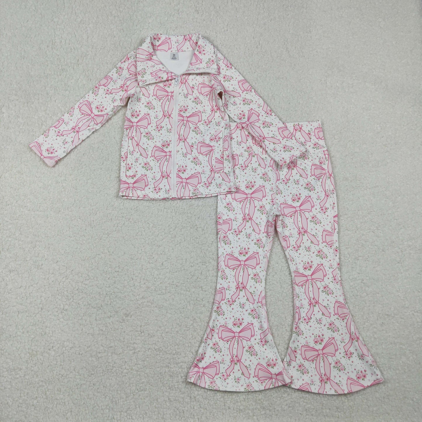 GLP2440 yoga pink flowers bows zipper long sleeve pants girls set