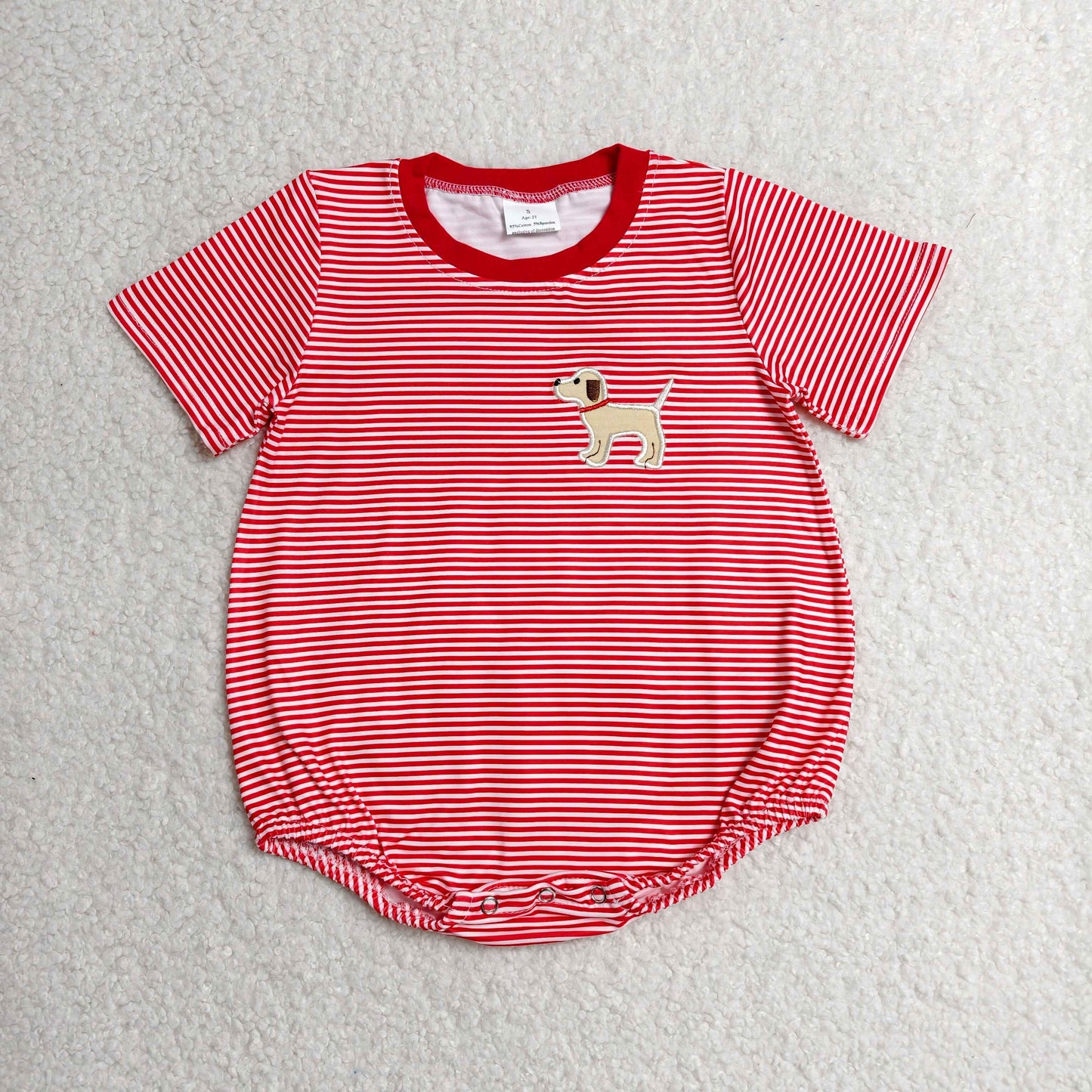 Embroidery SR2286 cute dog red striped short sleeve boys romper