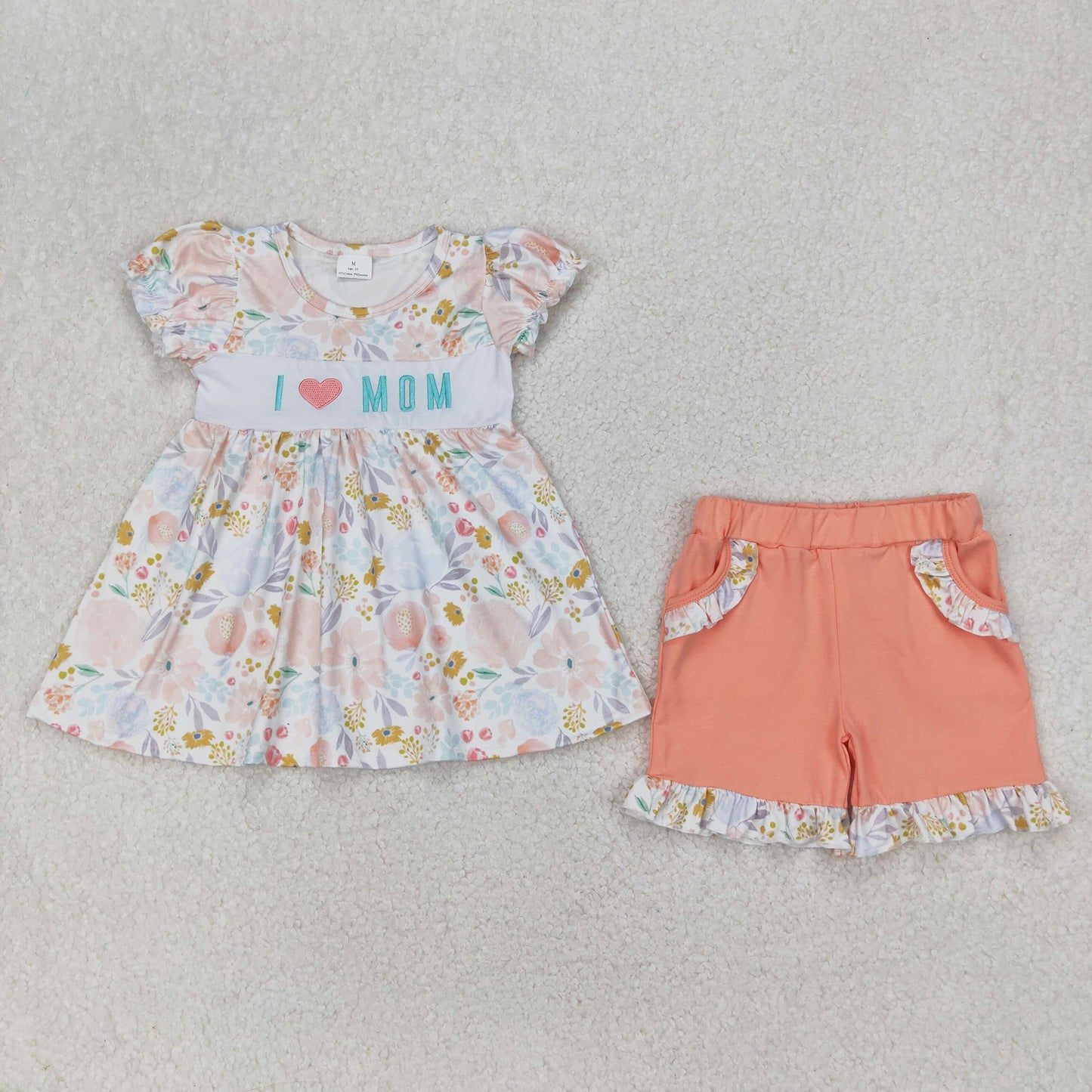 embroidery GSSO2408 i love mom flowers short sleeve orange shorts girls set