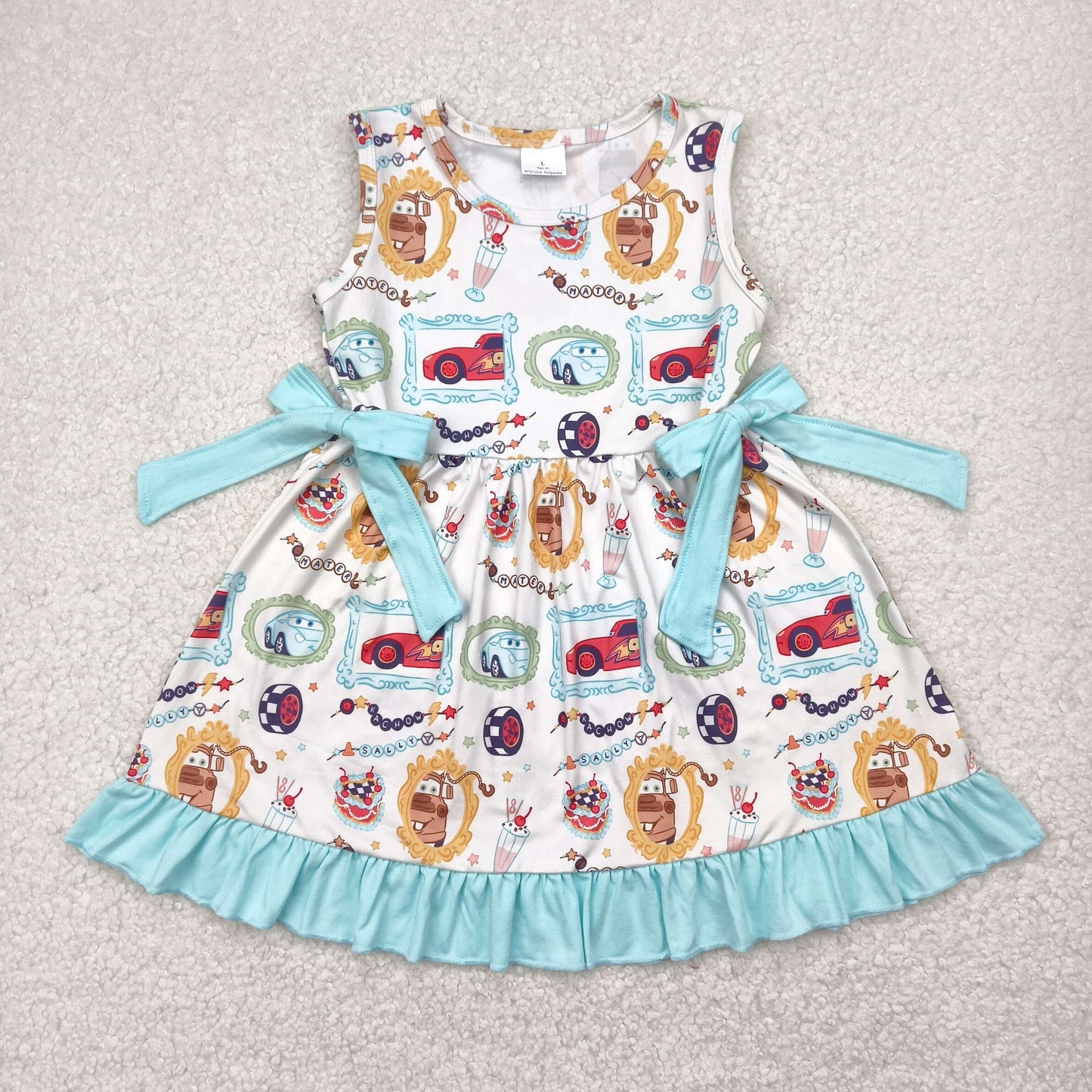 GSD2061 cartoon car blue bows sleeveless girls dress
