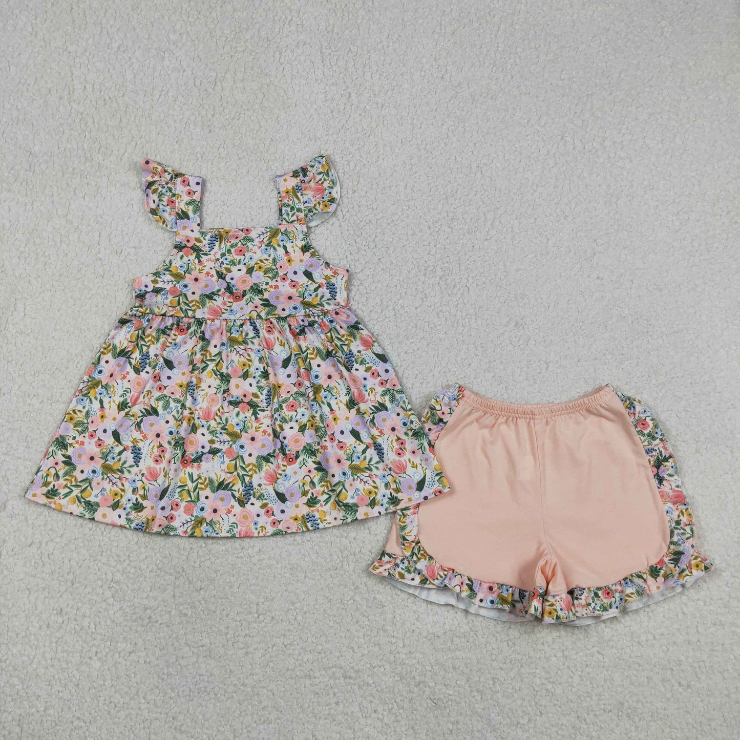 GSSO2180 Flowers Flutter Sleeve Pink Shorts Girls Set