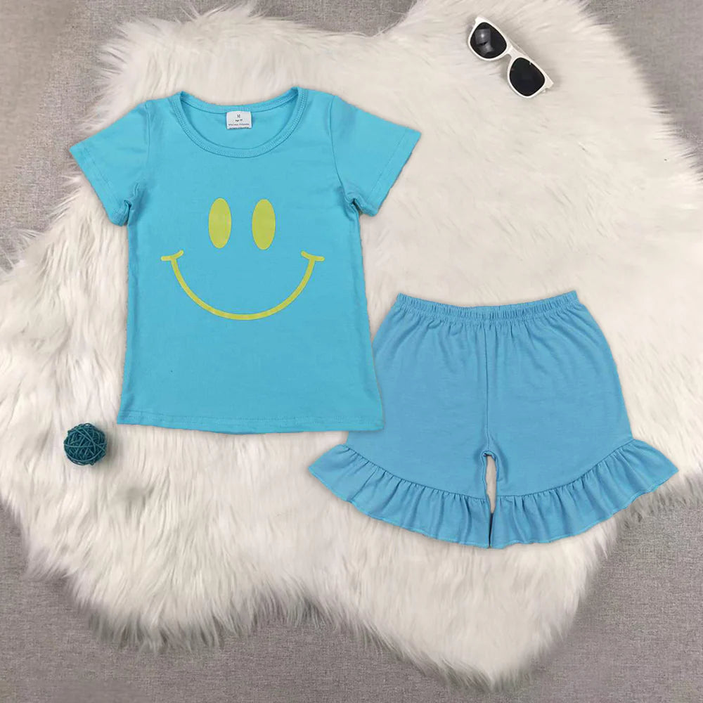 smile blue short sleeve blue shorts girls set GT0960+SS0272