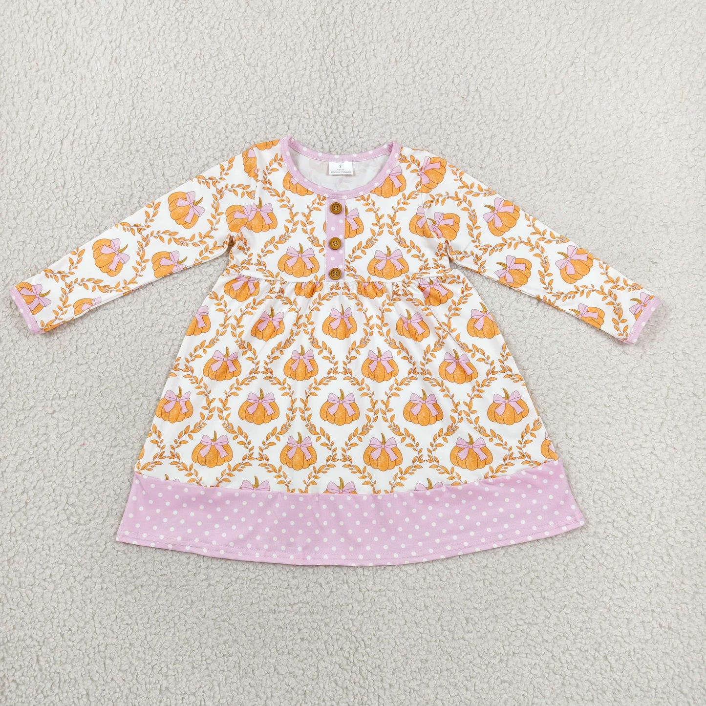 GLD1627 Pumpkin Bows Pink Long Sleeve Girls Dress