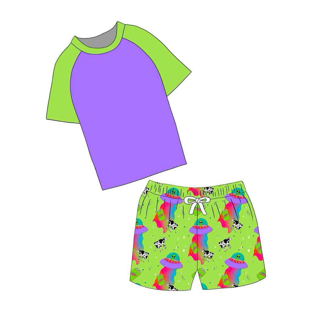 custom purple short sleeve cow green shorts boys swimsuits