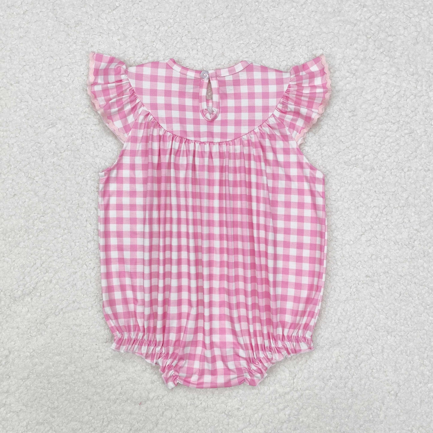 SR2215 smocked embroidery Easter rabbit bunny pink checkered flutter sleeve girls romper
