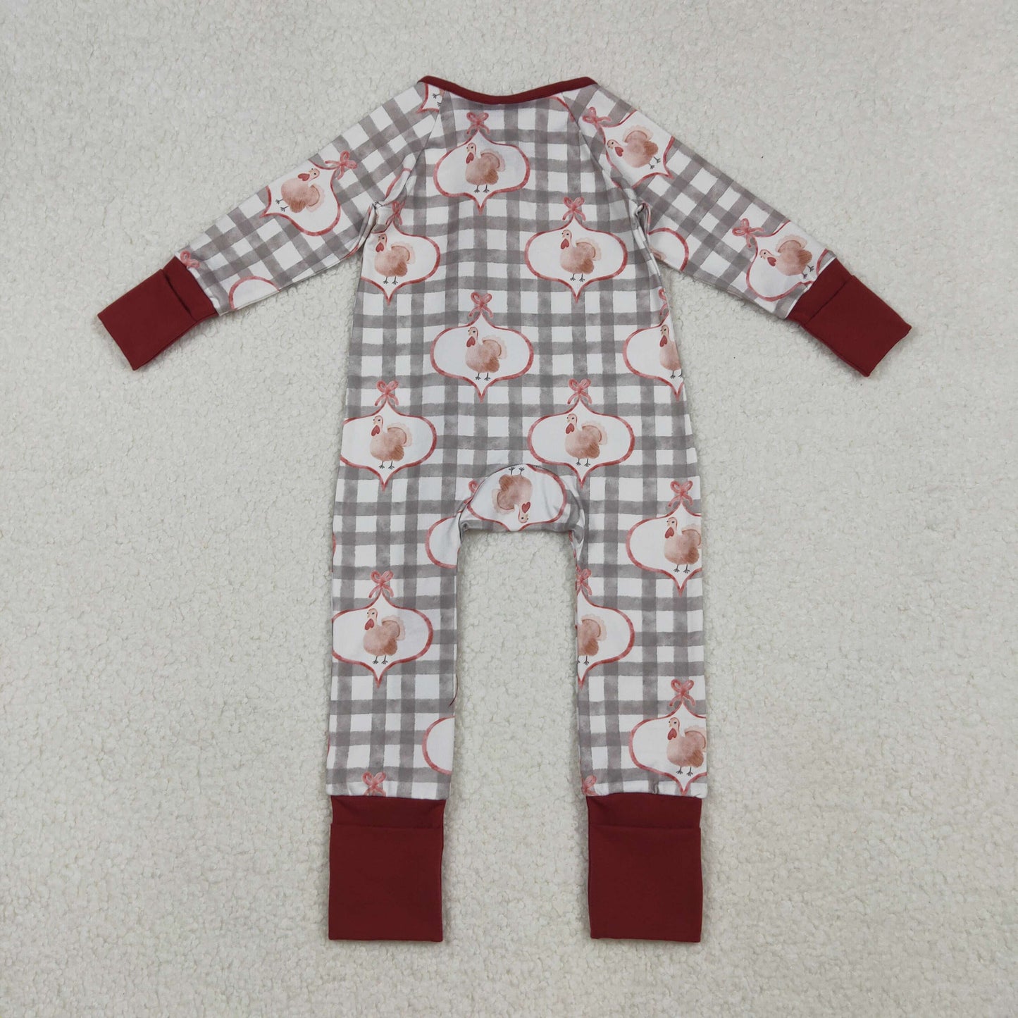 LR2691 Thanksgiving turkey green checkered zipper long sleeve girls romper