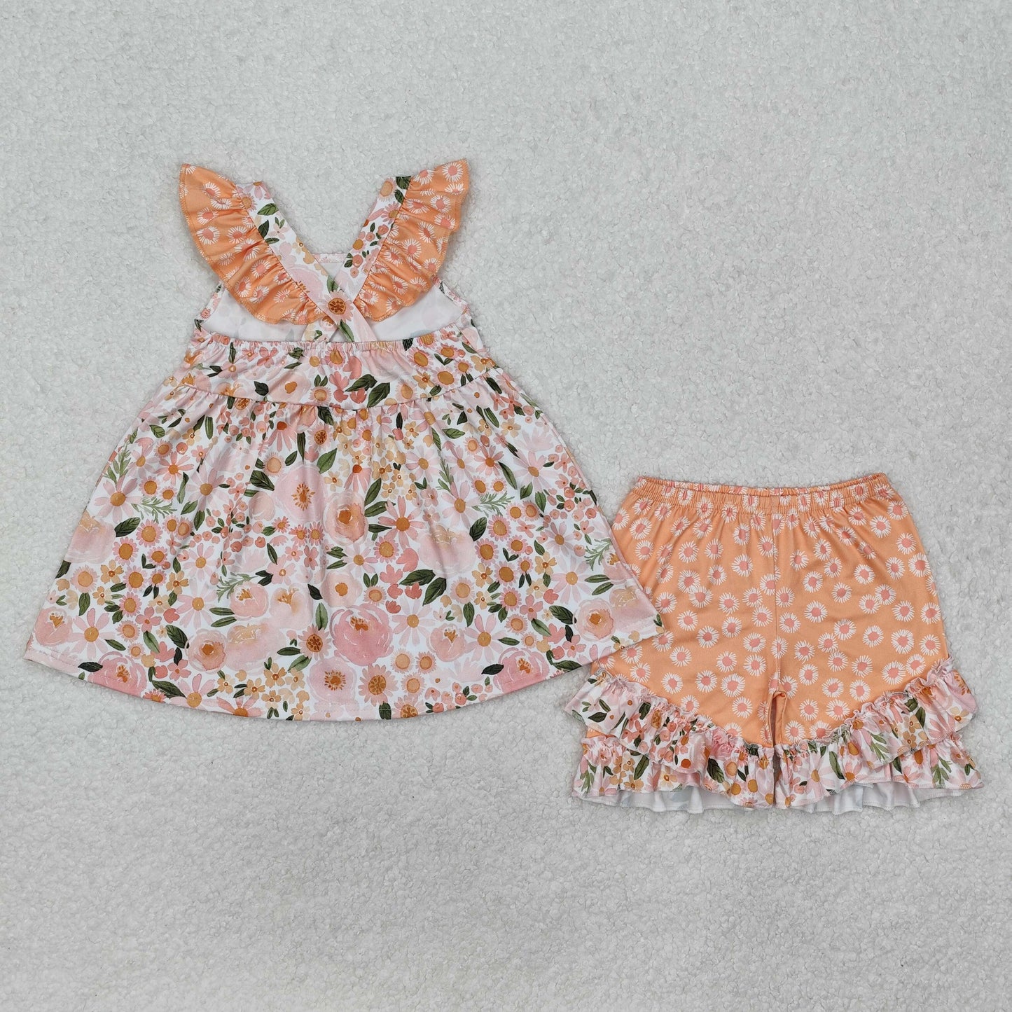 GSSO1763 Colorful Flowers Flutter Sleeve Orange Flowers Ruffles Shorts Girls Set