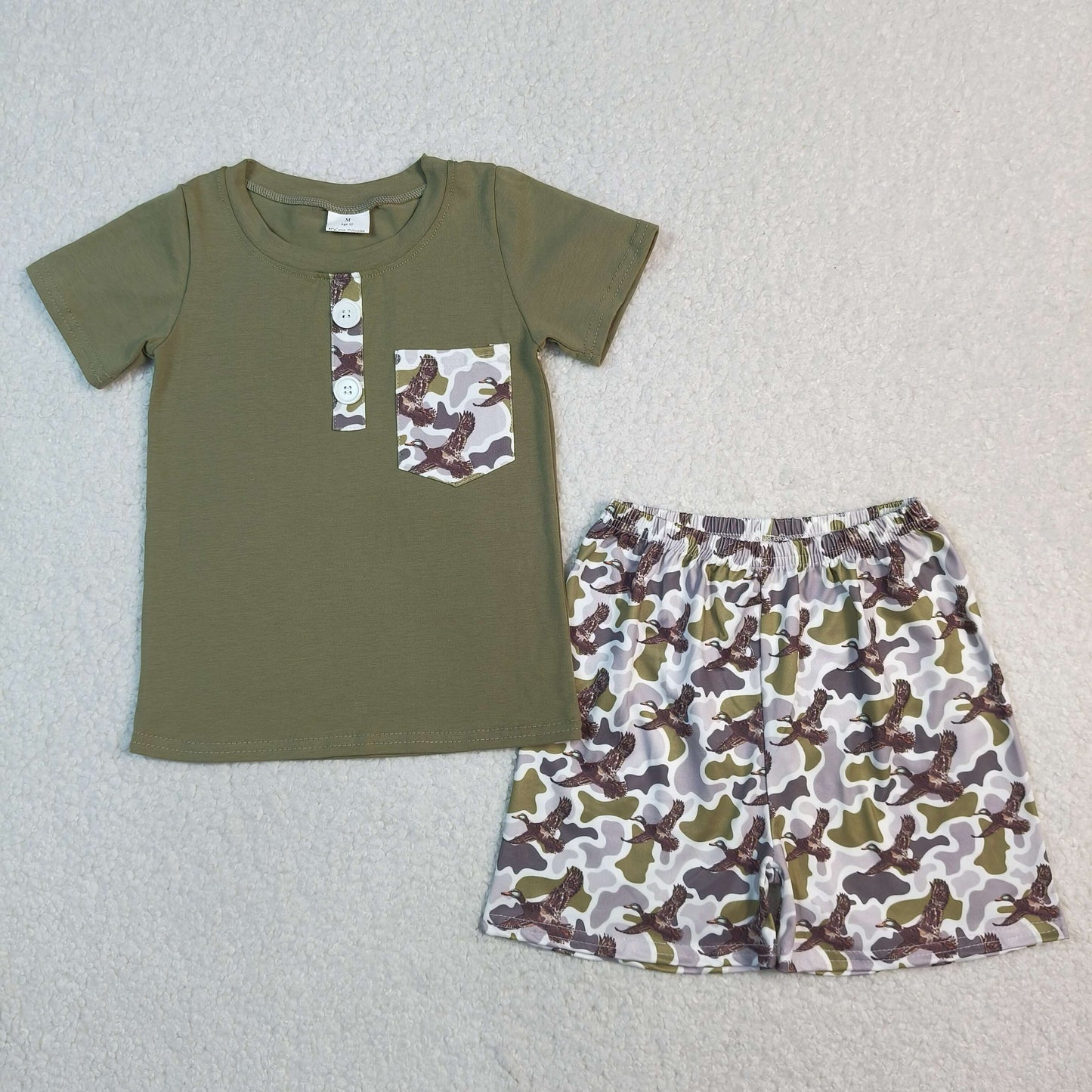 BSSO1856 Hunting Mallard Camo Pocket Short Sleeve Shorts Boys Set