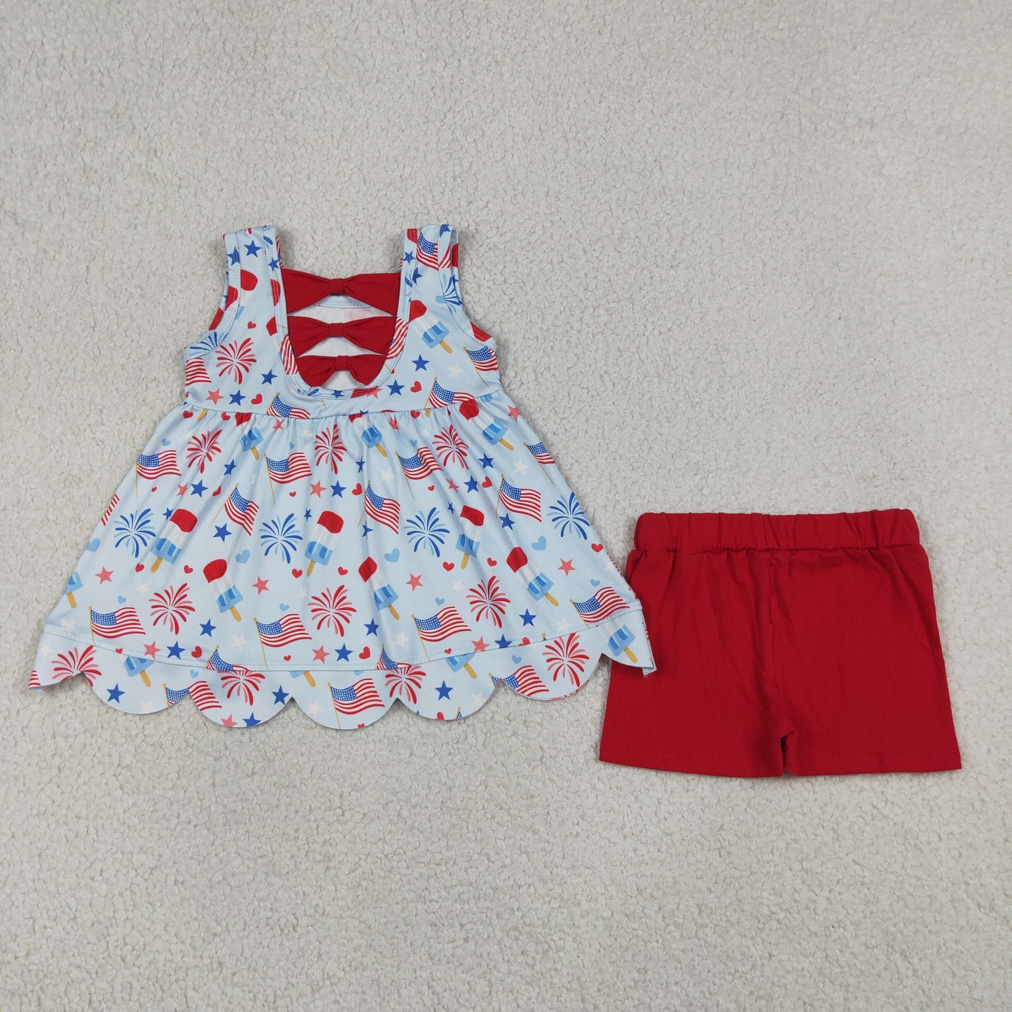 GSSO3386 Scallop July 4th Flag Sleeveless Red Shorts Girls Set