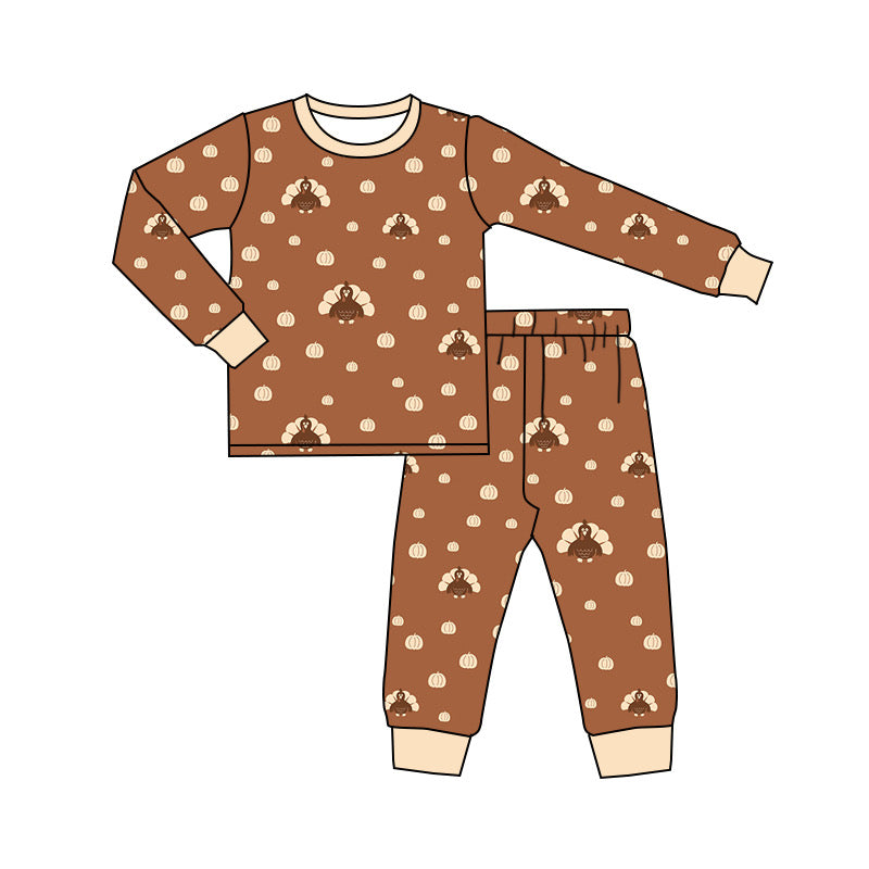 preorder BLP0541 Thanksgiving turkey brown long sleeve pants boys pajamas