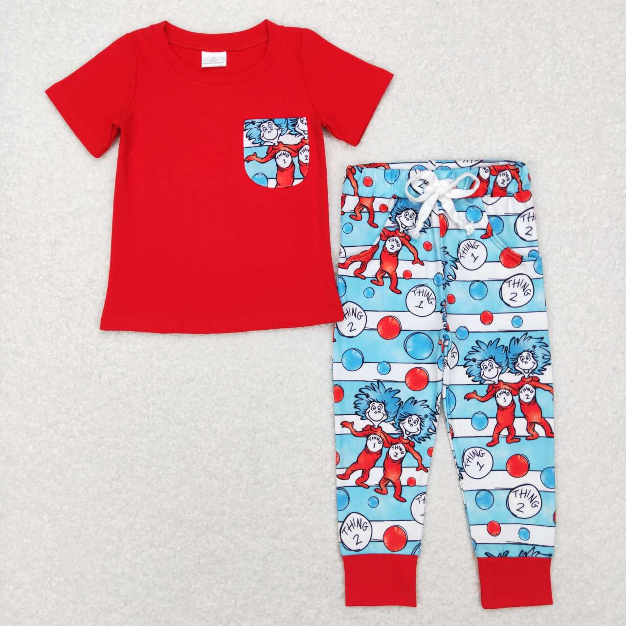 BSPO0239 Dr cartoon red pocket short sleeve blue striped pants boys set