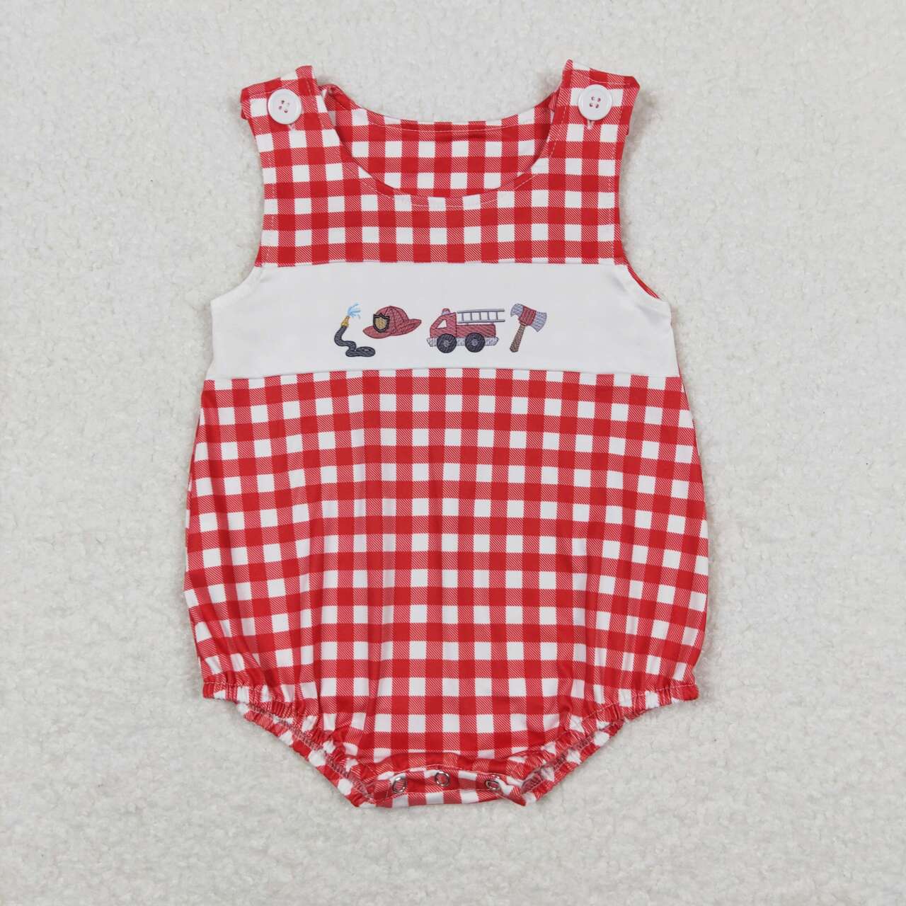 SR1174 Fire truck red checkered boys romper