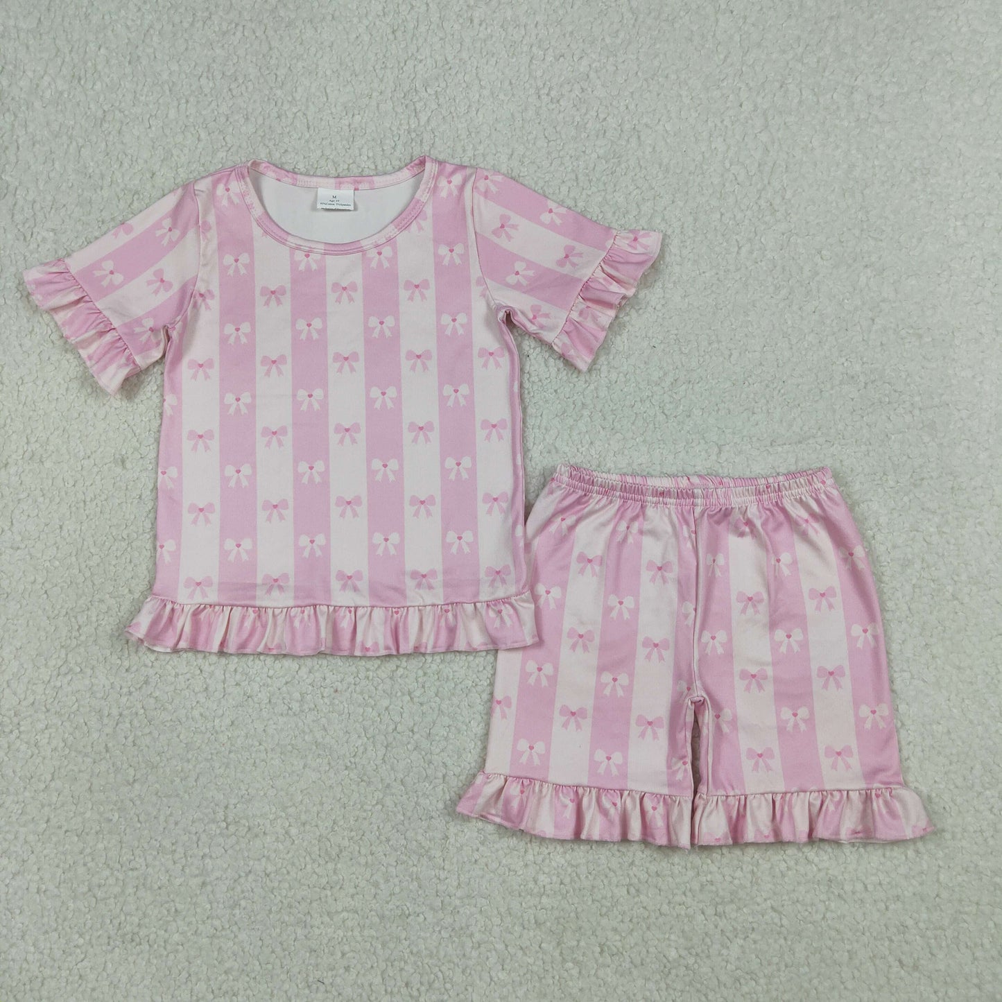 GSSO3341 Pink Bows Short Sleeve Shorts Girls Set