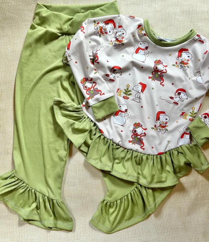 Preorder GLP2200 Christmas cartoon dog green long sleeve pants girls set