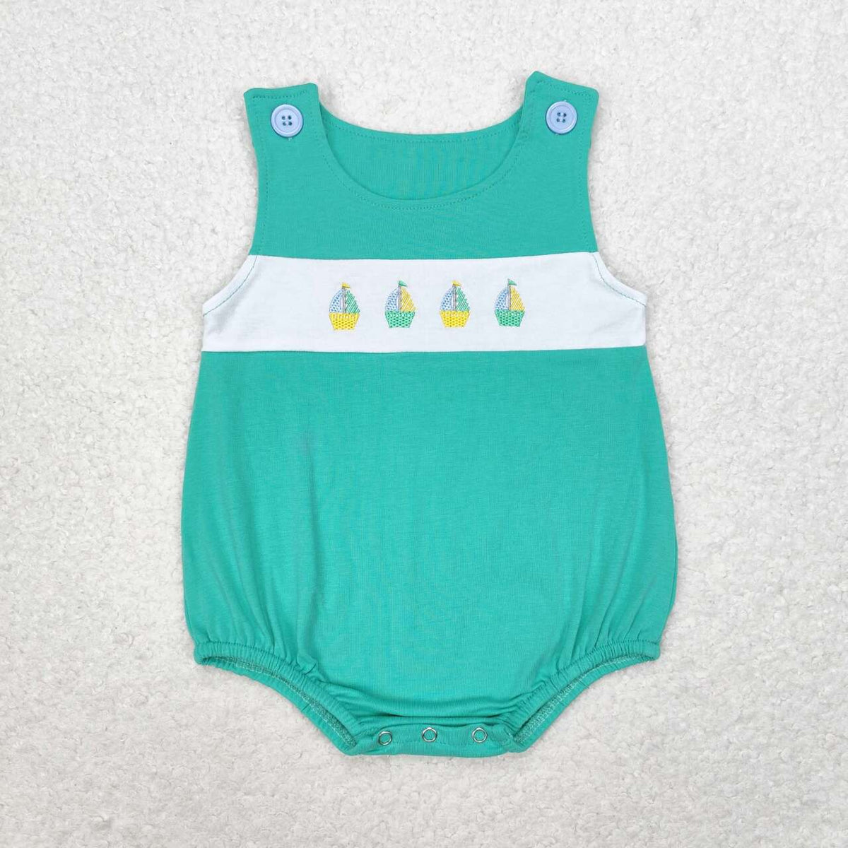 SR1581 embroidery cute sailboat green sleeveless boys romper