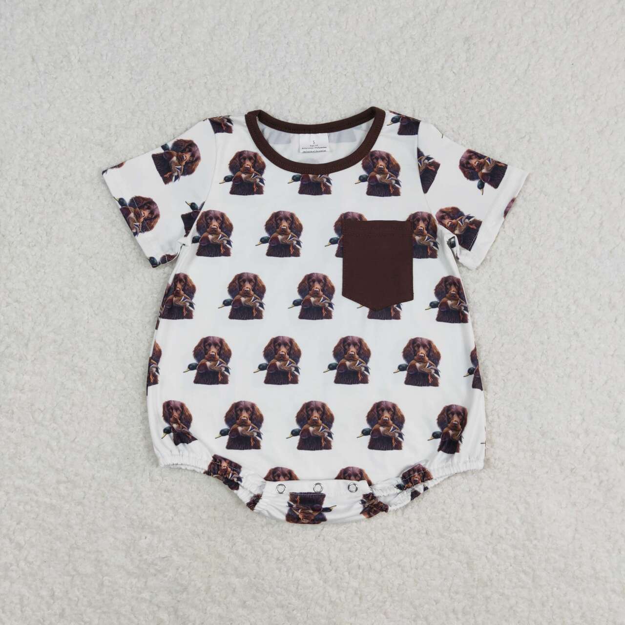 SR1685 hunting dog mallard maroon short sleeve boys pocket romper