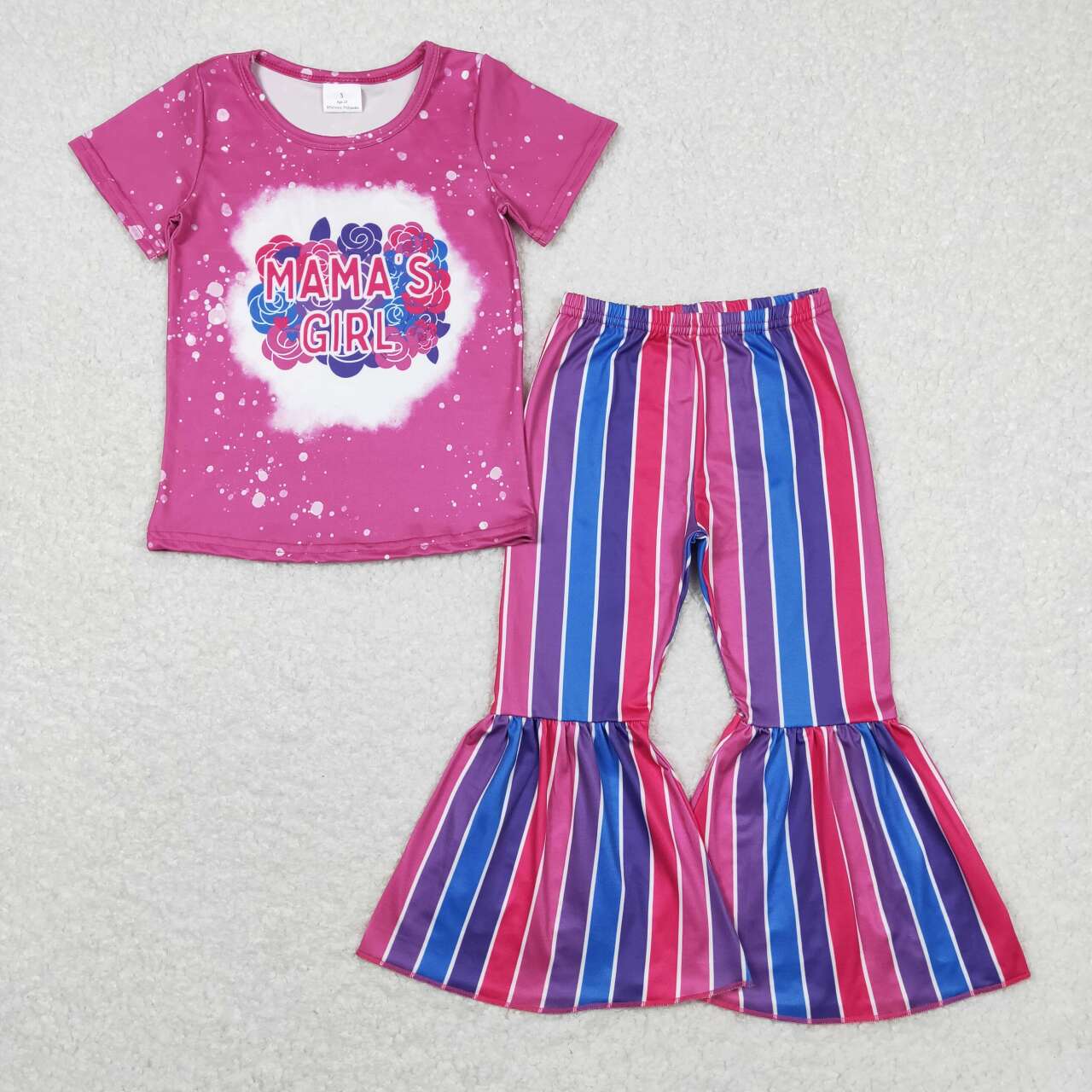 GSPO1373 Mamas Girl Flowers Purple Short Sleeve Colorful Striped Pants Girls Set