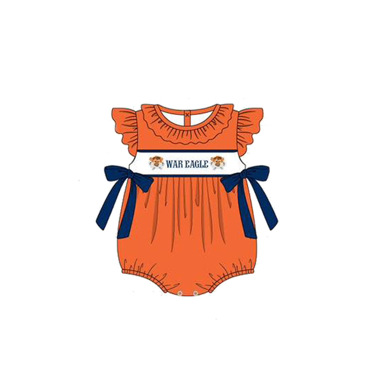 Custom Moq 3 Football Team War Eagle Orange Flutter Sleeve Bows Girls Romper