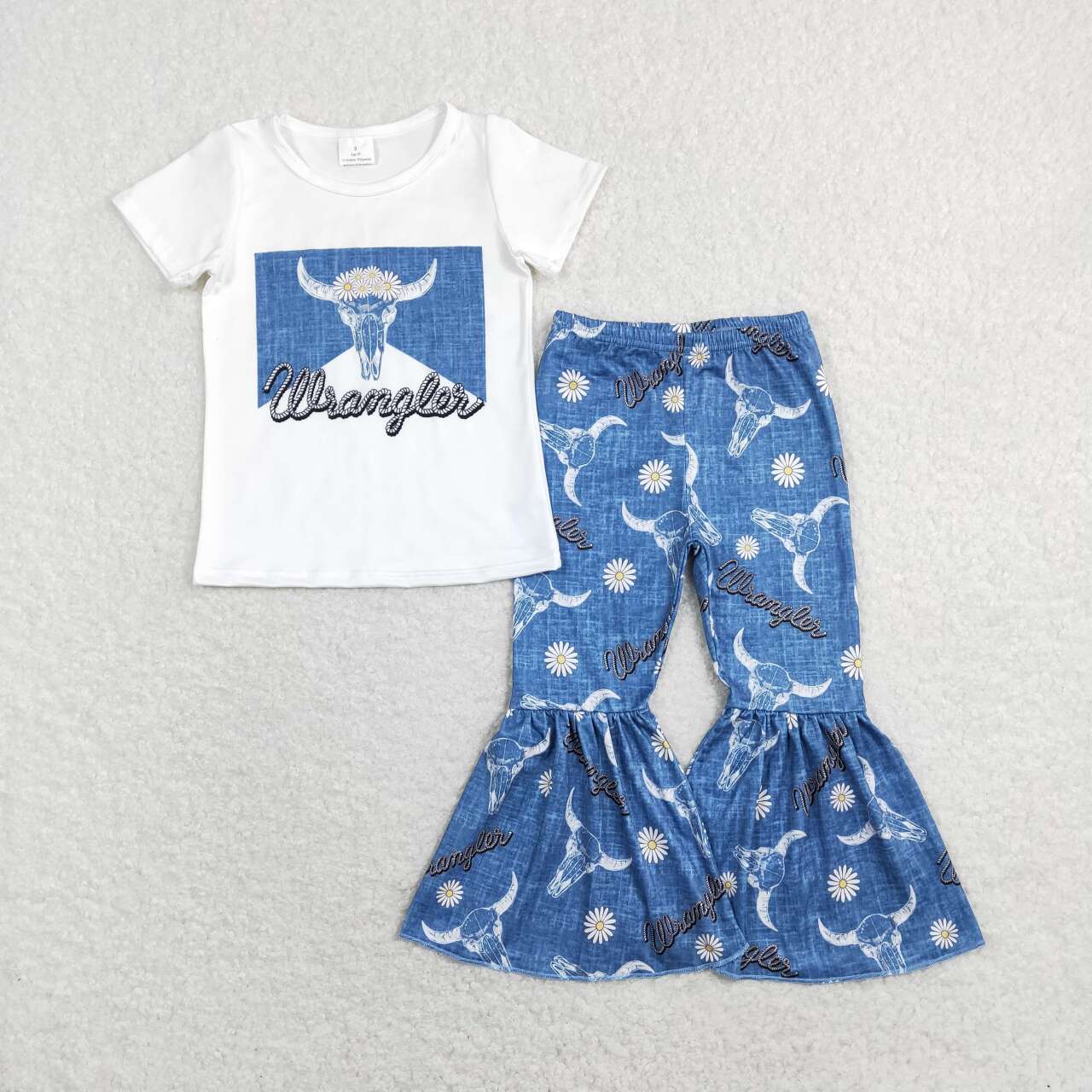 GSPO1287 Western Cow Daisy White Blue Pants Girls Set