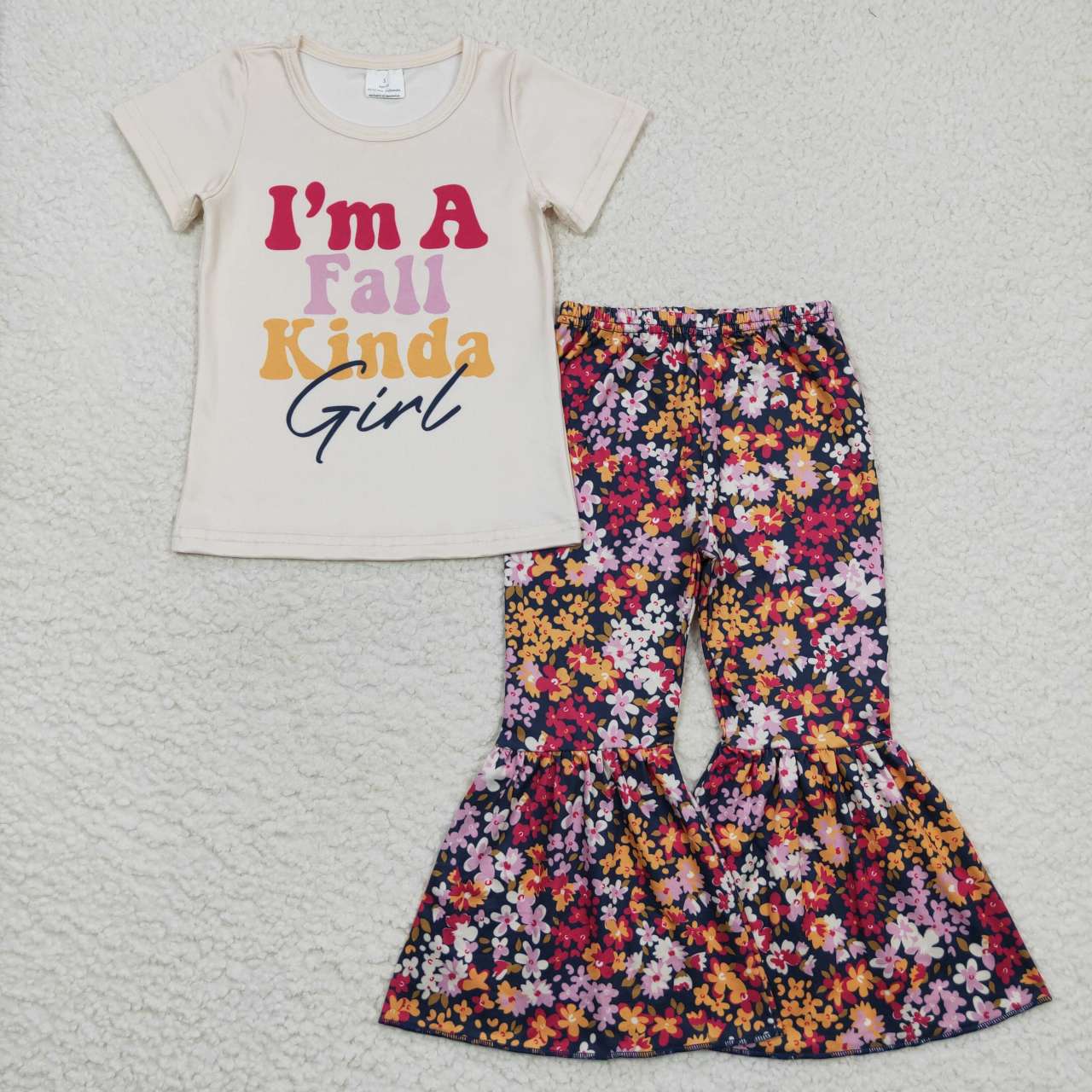 GSPO0862 I'm a fall kinda girls short sleeve colorful flowers pants girls set