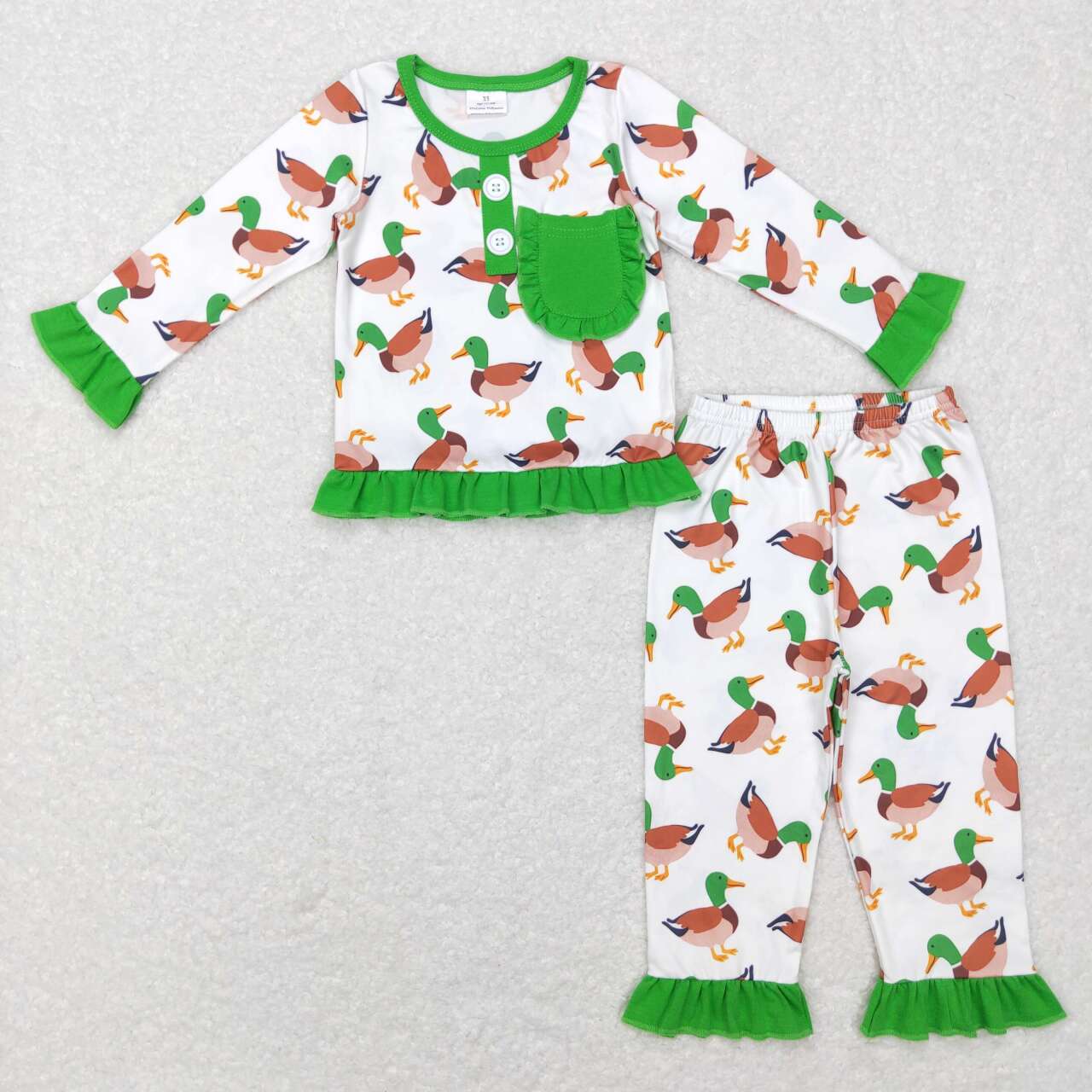 GLP1016 Mallard duck green pocket long sleeve pants girls pajamas