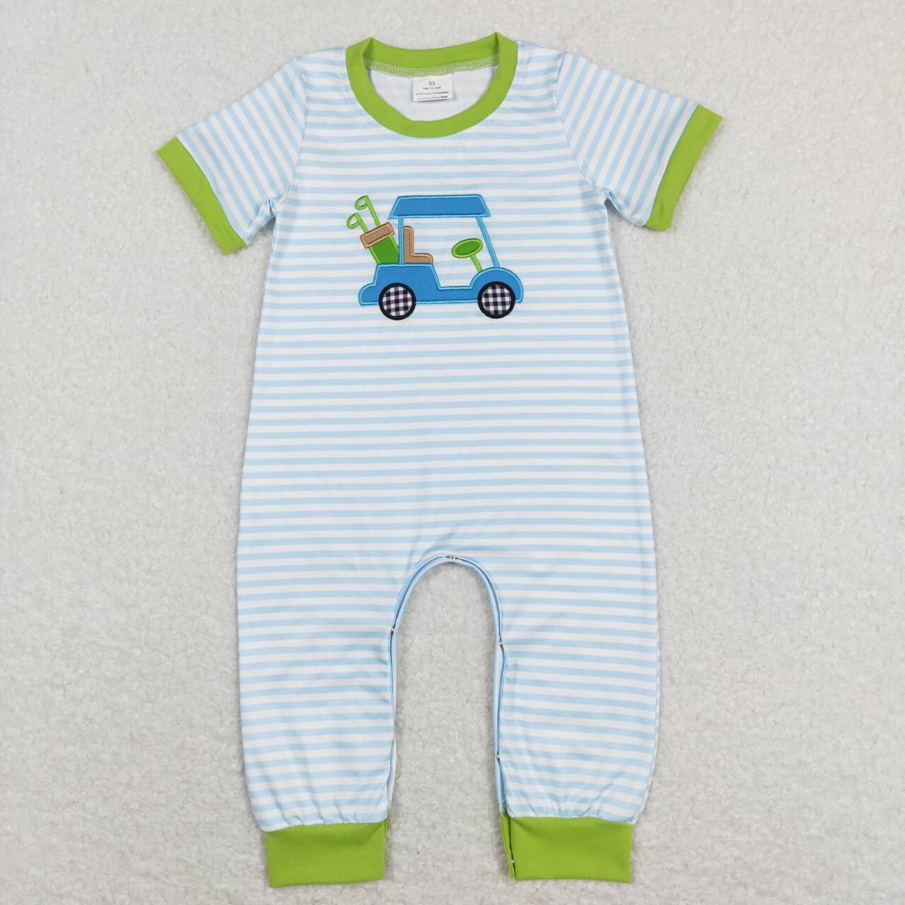 SR0700 Golf blue striped short sleeve boys green romper