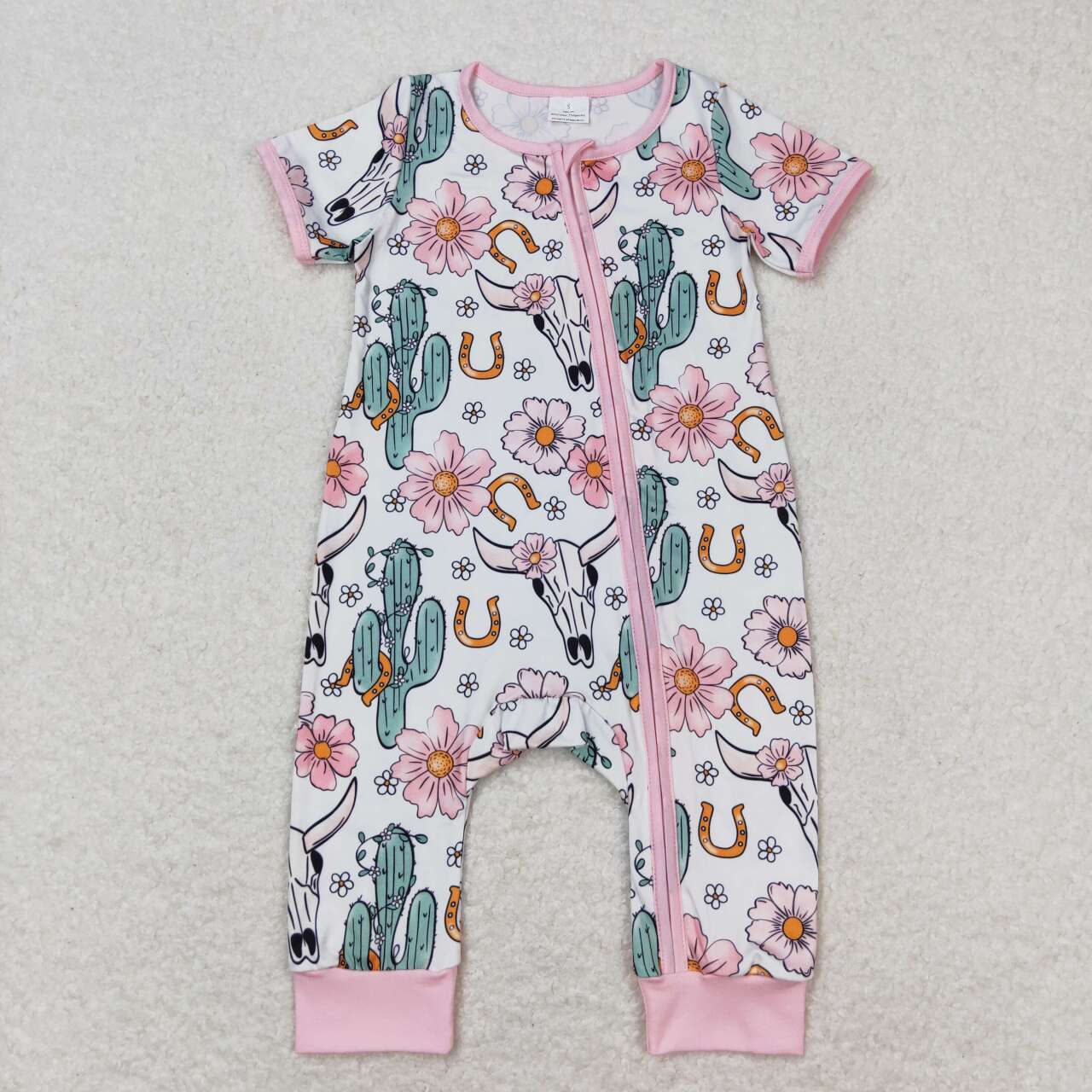 SR1109 Western cow cactus flowers pink zipper short sleeve girls romper