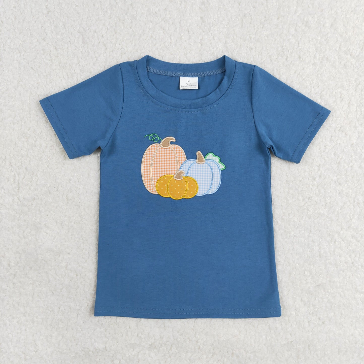 BT0824 embroidery Autumn pumpkin blue short sleeve boys top