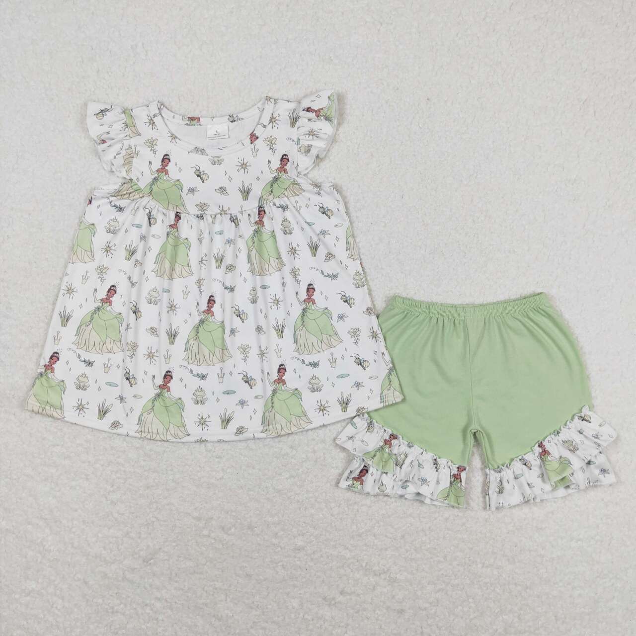 GSSO0911 cartoon flog green princess flutter sleeve green shorts girls set