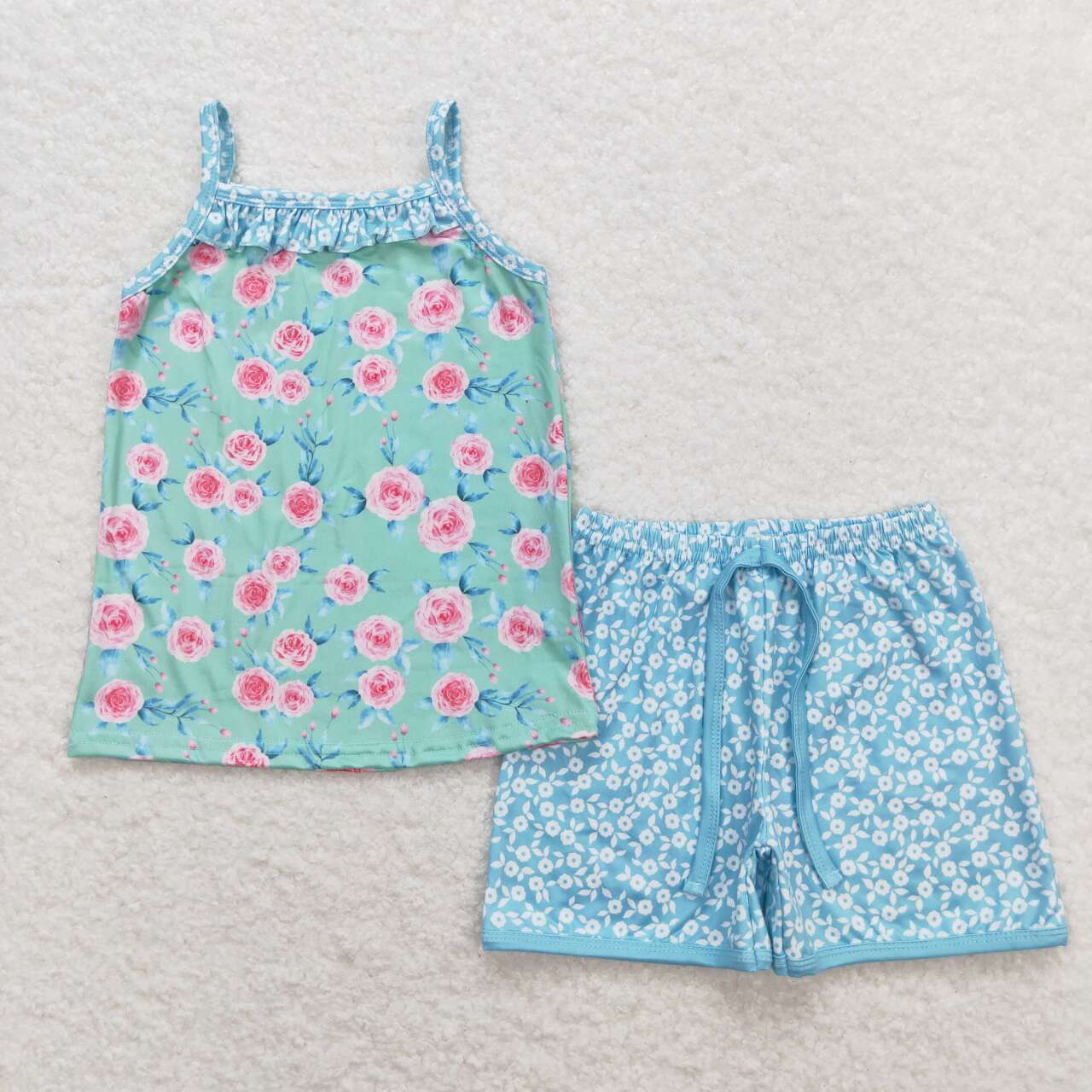 GSSO0863 flowers green camisole blue shorts girls set