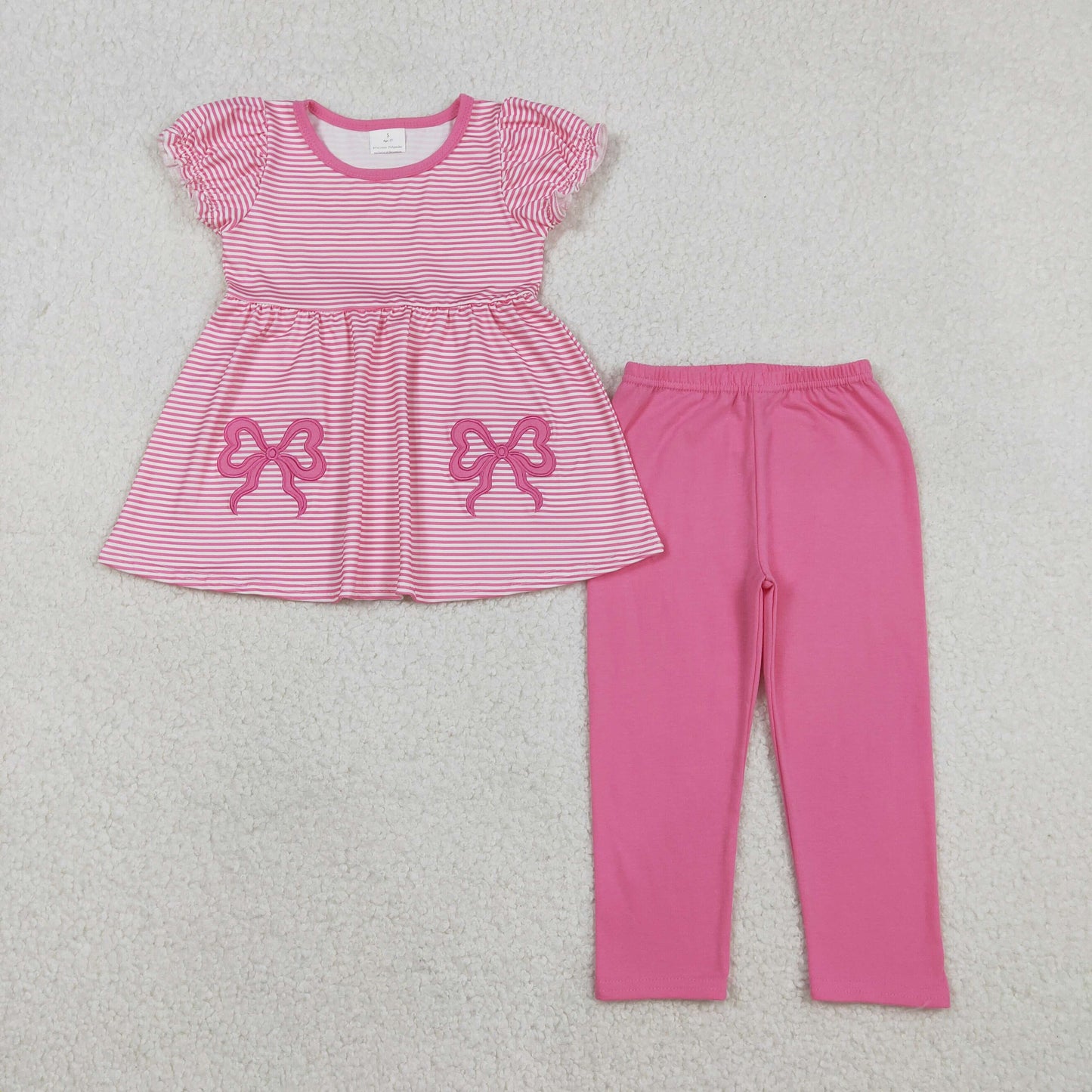 Embroidery GSPO2150 pink bows striped short sleeve hot pink pants girls set