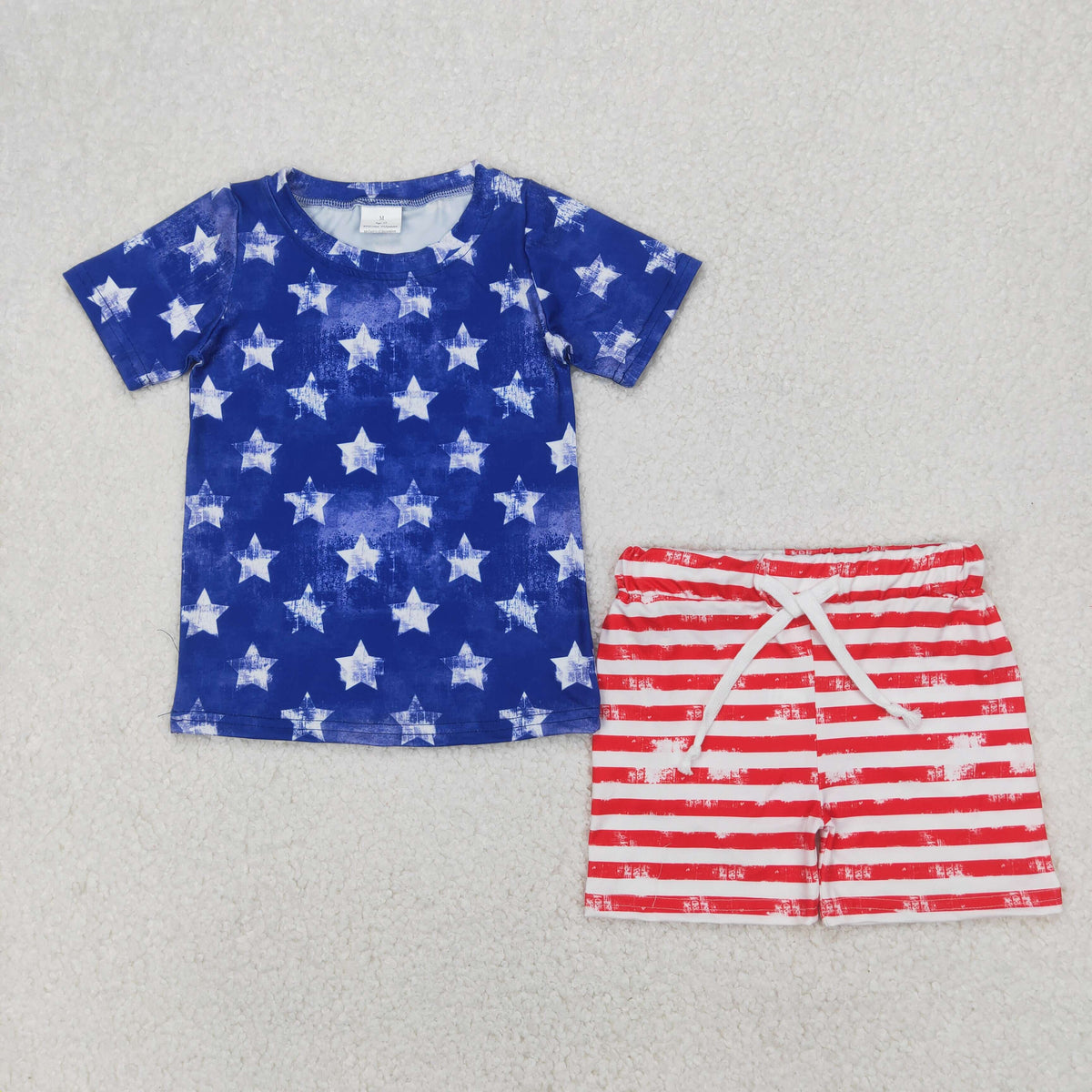 BSSO1405 July 4th star blue short sleeve red striped shorts boys set