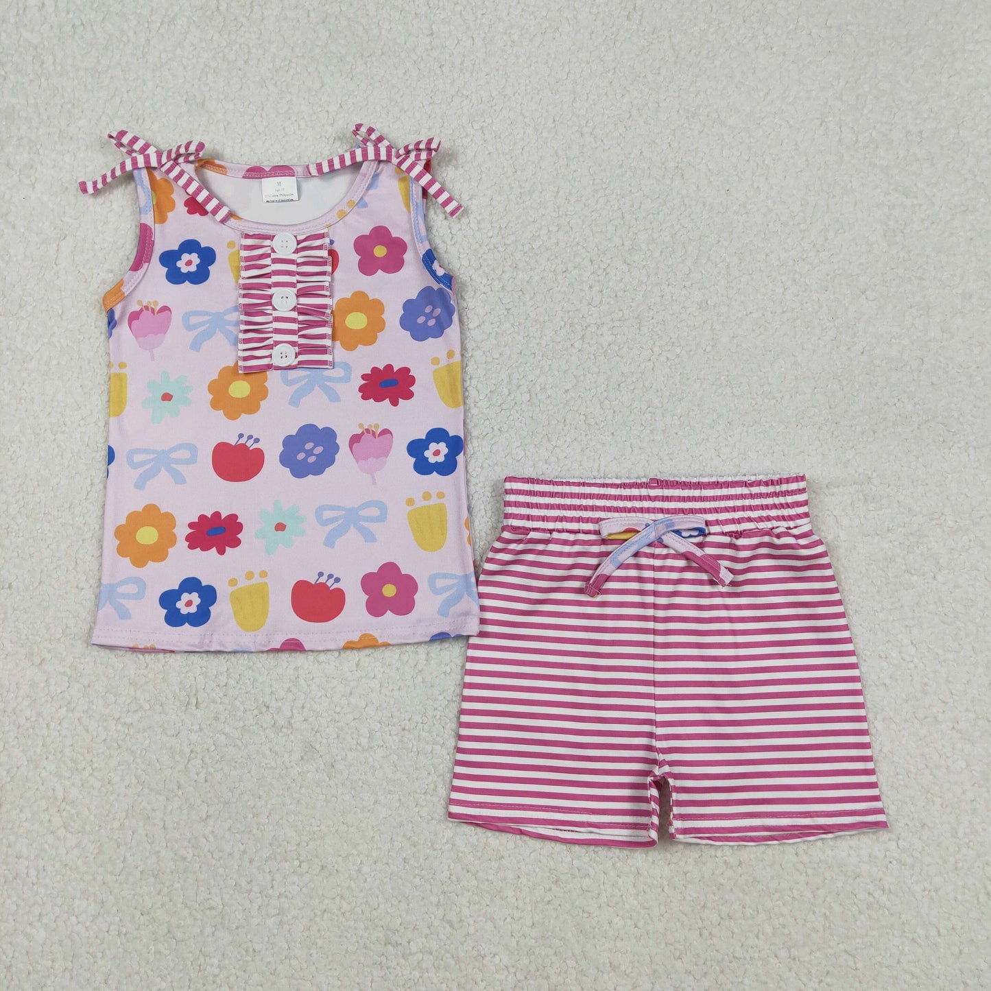 GSSO2830 Colorful Flowers Sleeveless Pink Striped Shorts Girls Set