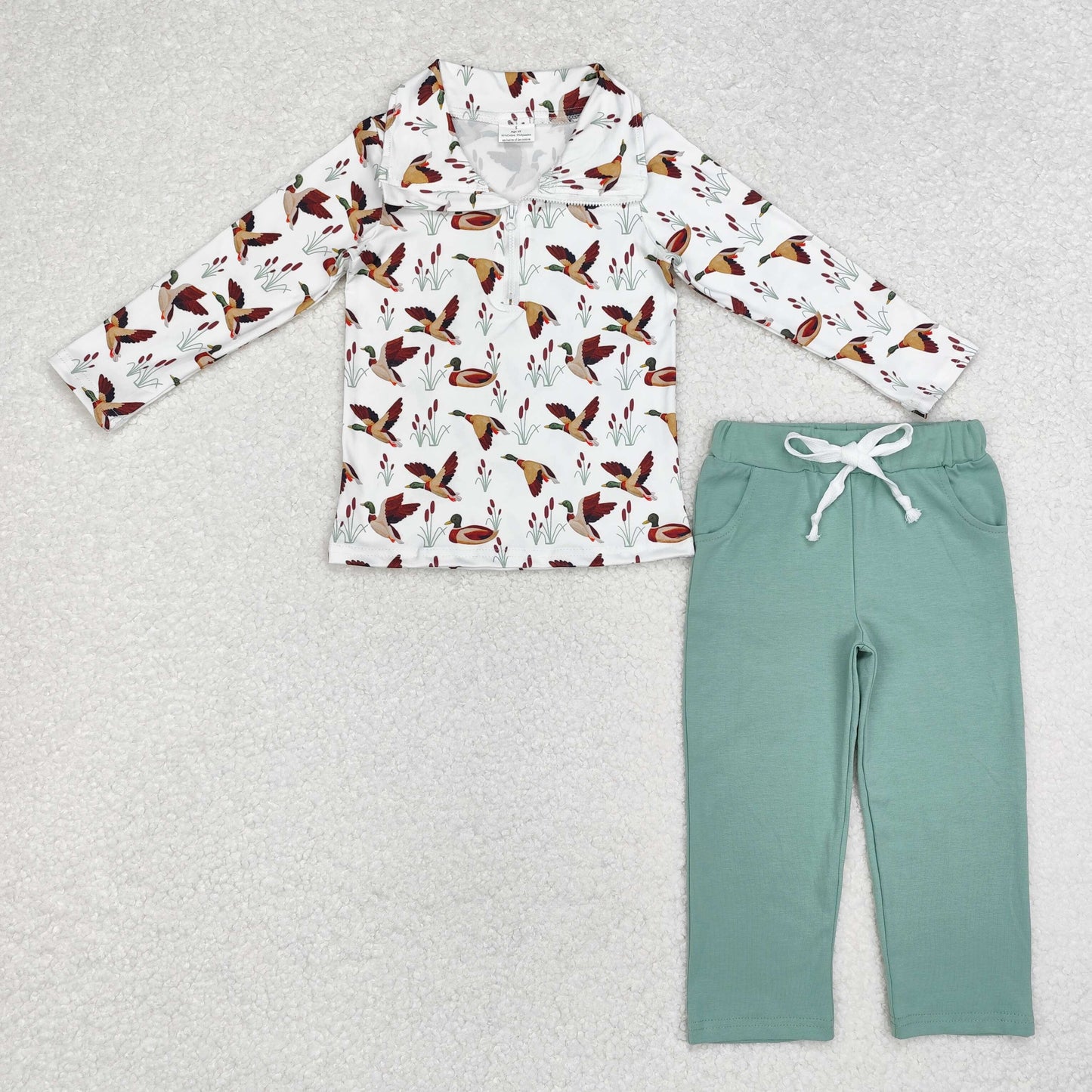 BLP0907 mallard cute duck long sleeve green pants boys set