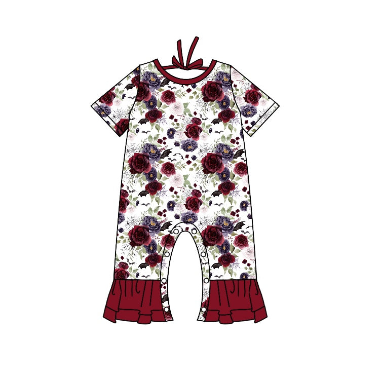 custom Red purple flowers short sleeve girls romper