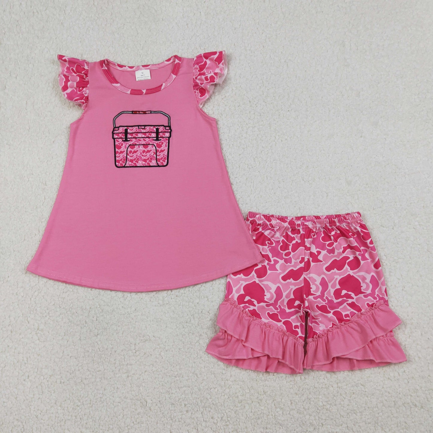 Embroidery GSSO3002 Fishing Bows Hot Pink Camo Flutter Sleeve Shorts Girls Set