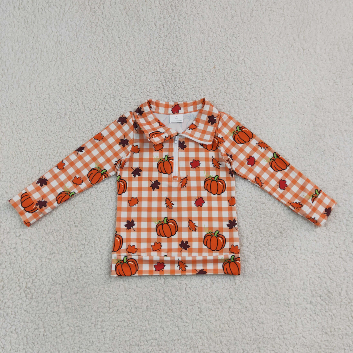 BT1895 Pumpkin Orange Checkered Zipper Long Sleeve Boys Top