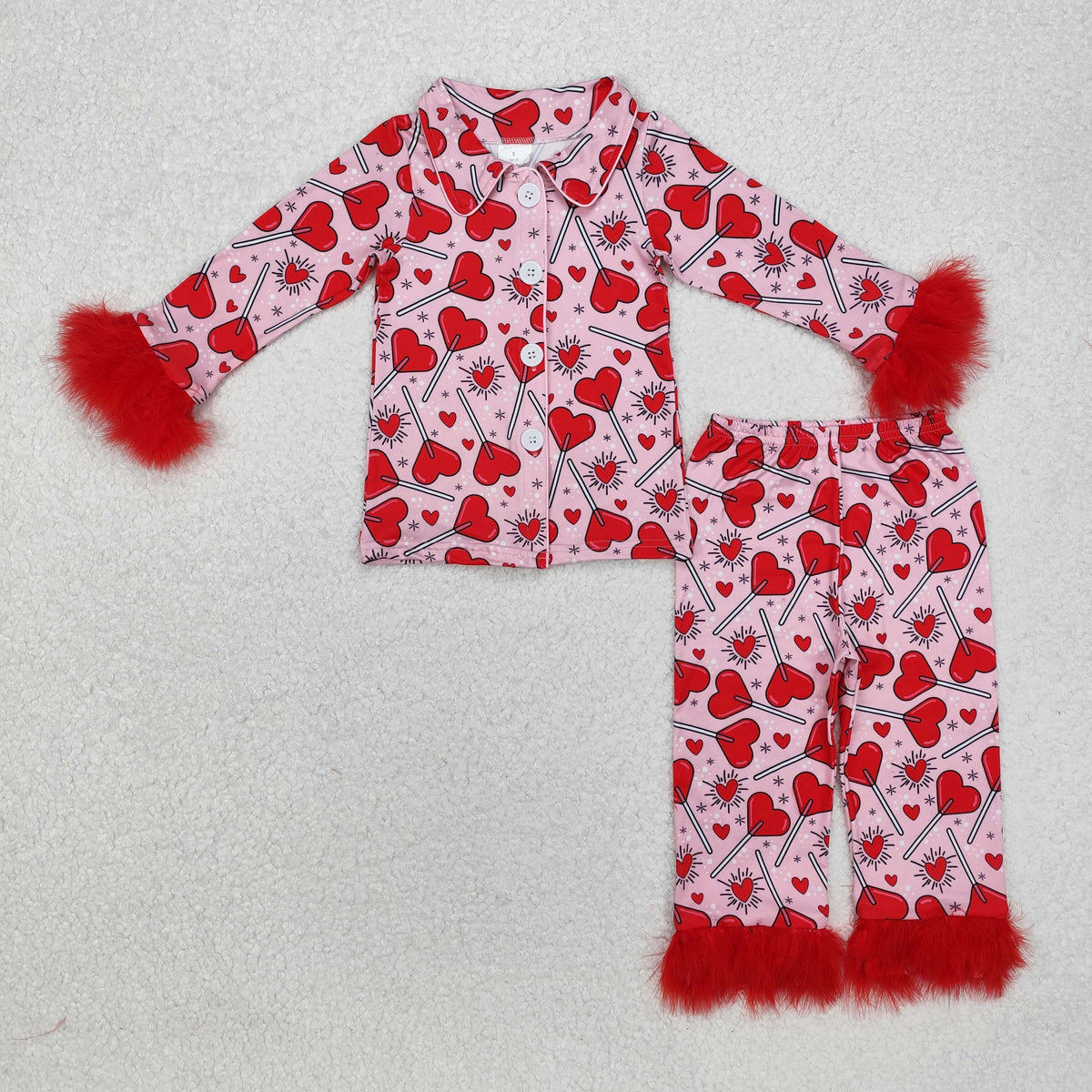 GLP2266 Valentine's Day red heart long sleeve pants fur girls pajamas plush pajamas