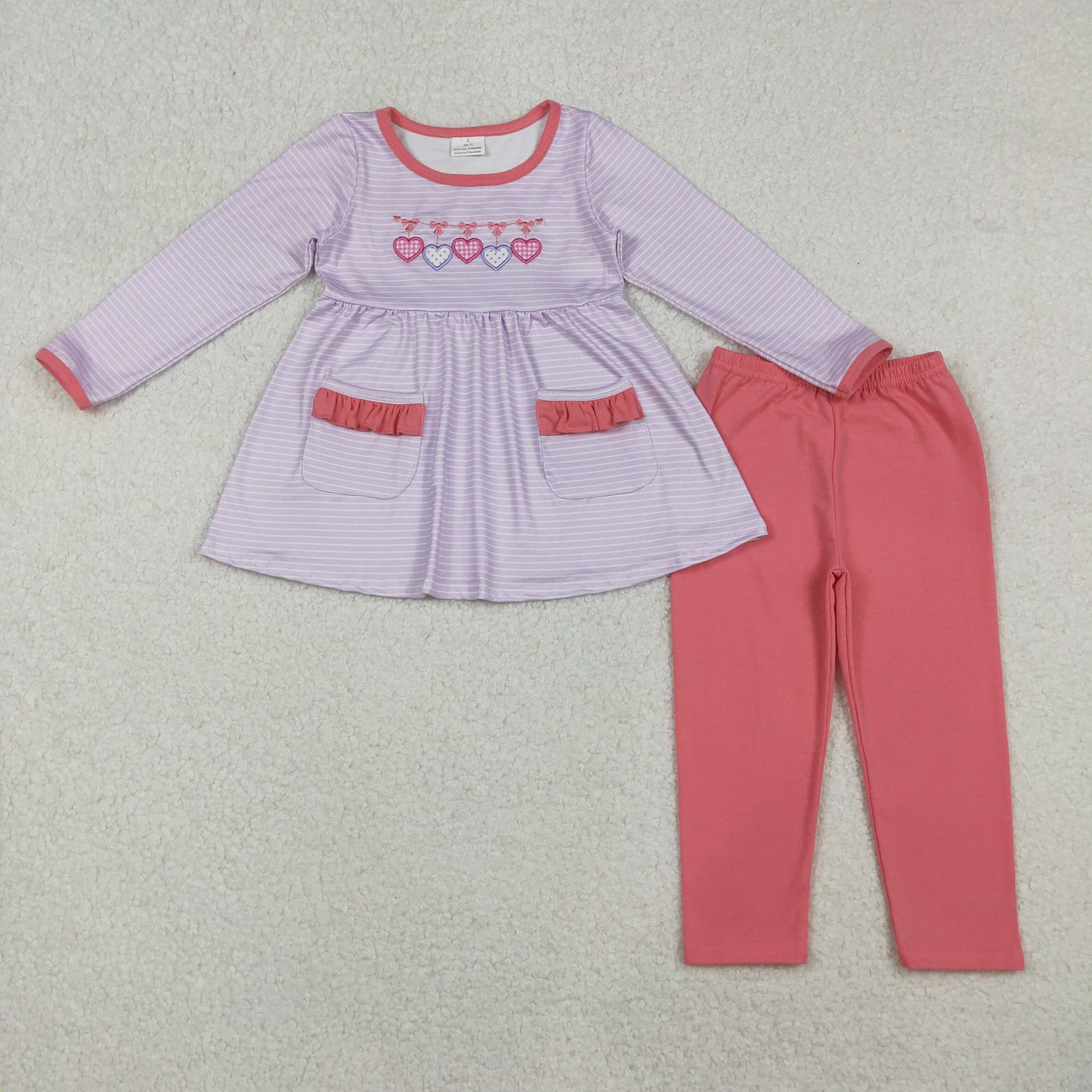embroidery GLP2906 Valentine's Day heart purple striped pockets long sleeve pink pants girls pants