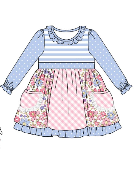 custom style colorful flowers pockets blue long sleeve girls dress