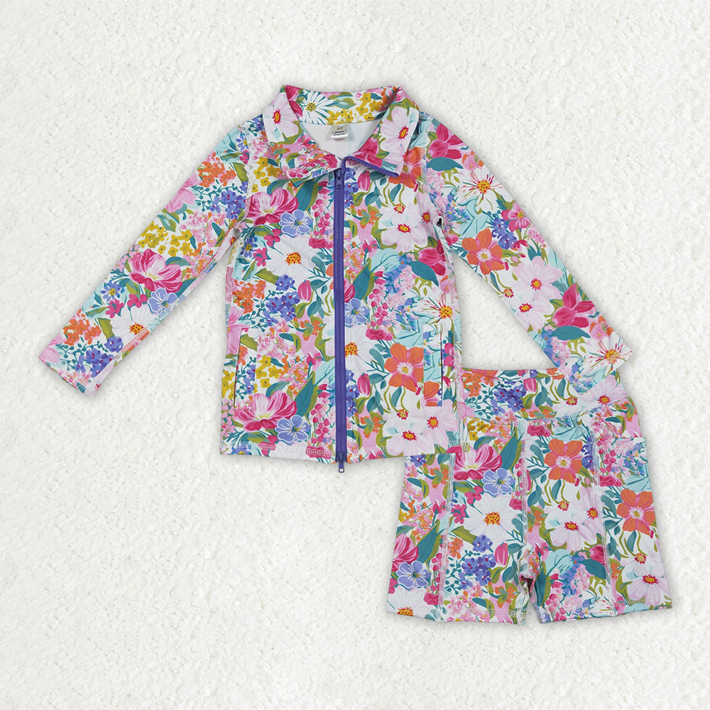 GLS0012 yoga colorful flowers purple zipper long sleeve shorts girls set