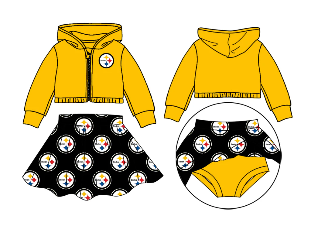 custom moq 3 football item Steelers yellow zipper long sleeve coat black skorts skirt girls set