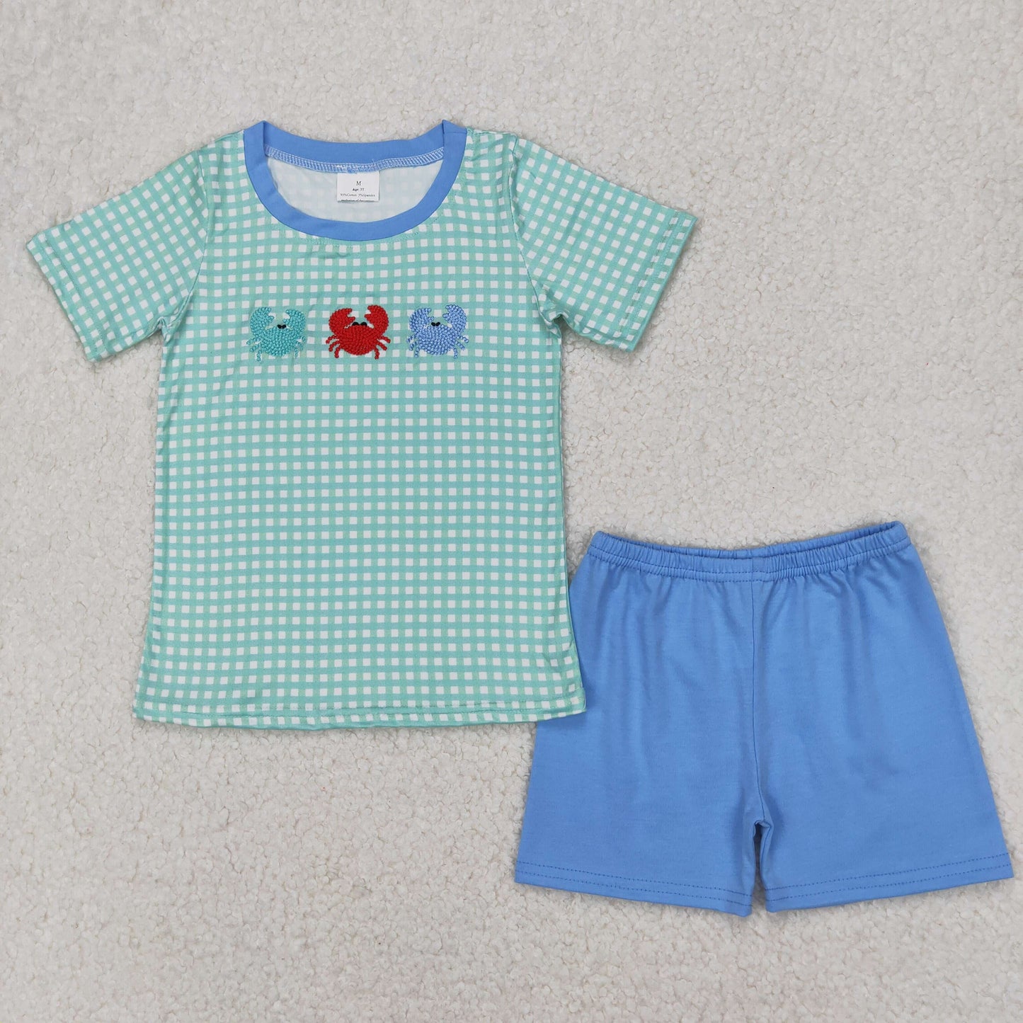 embroidery BSSO1279 cute crab green checkered short sleeve blue shorts boys set
