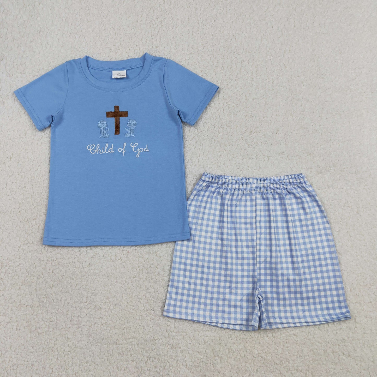 Embroidery BSSO1714 Easter Cross Child Of God Blue Short Sleeve Checkered Shorts Boys Set