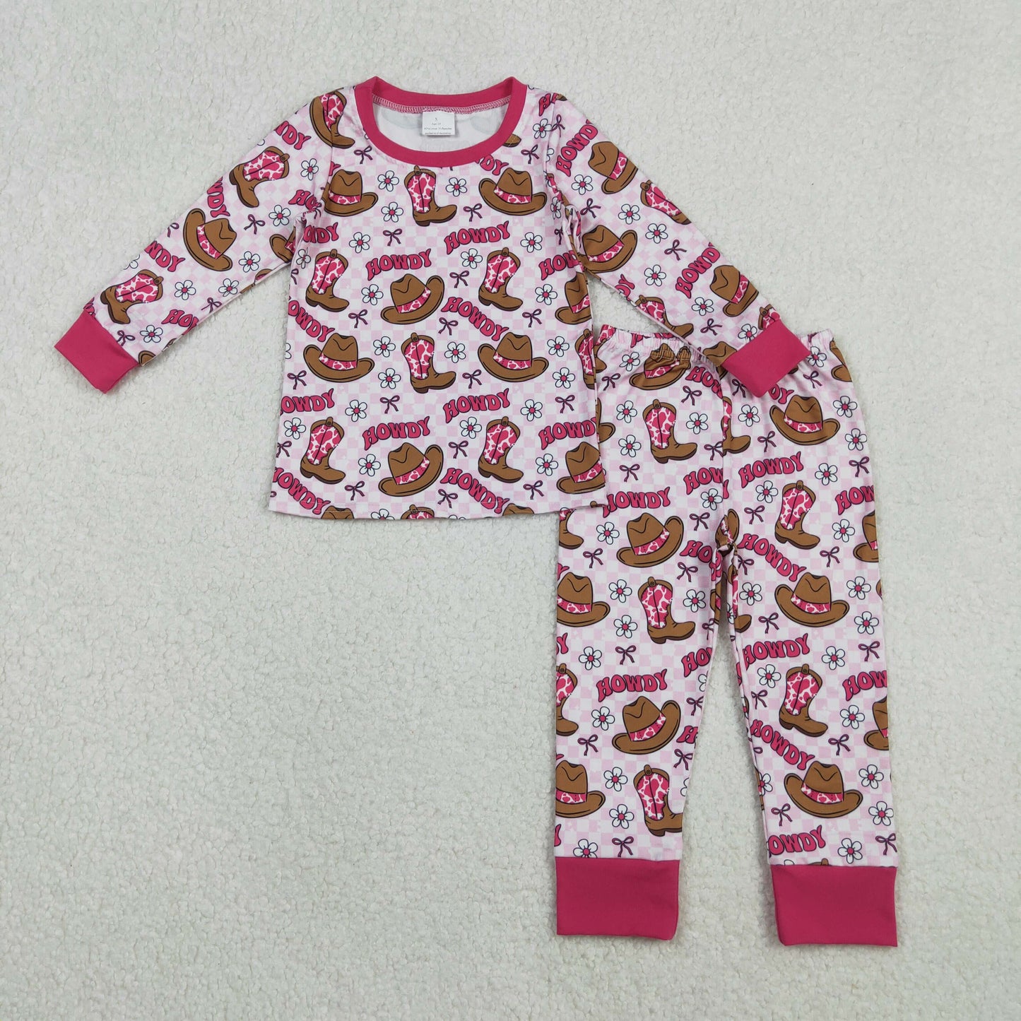 GLP2664 Western howdy boot flowers hot pink long sleeve pants girls pajamas