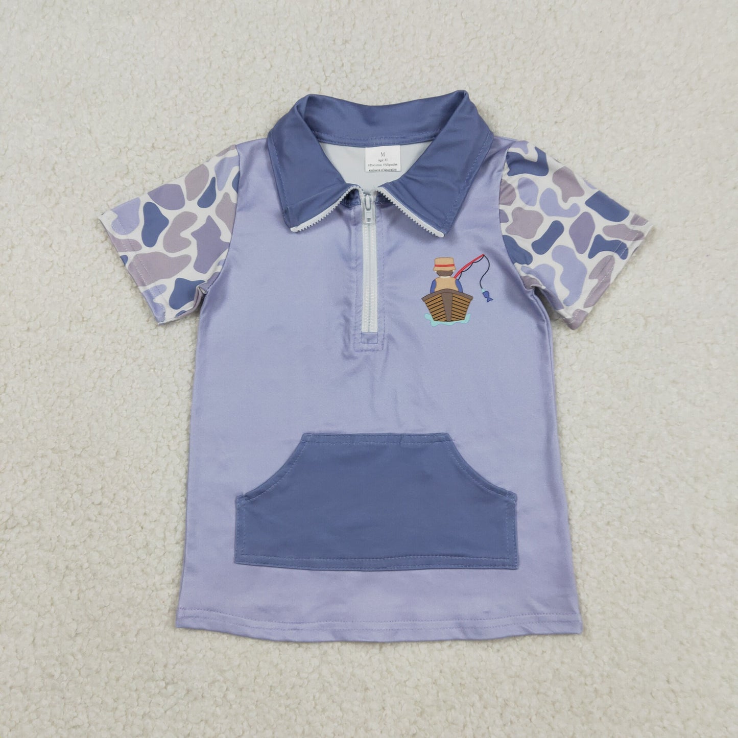 BT1533 Hunting Fishing Blue Camo Pocket Zipper Short Sleeve Boys Top