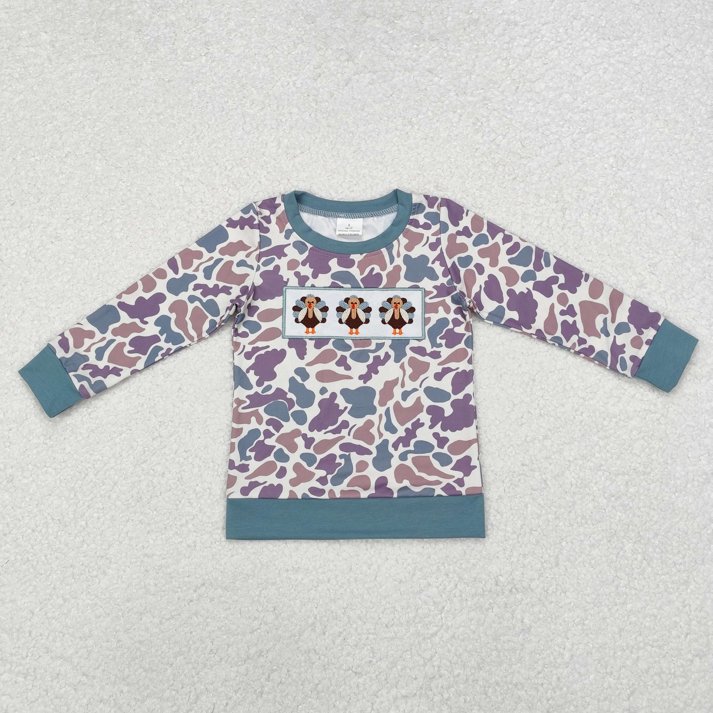 embroidery BT0863 Thanksgiving camo turkey long sleeve boys top