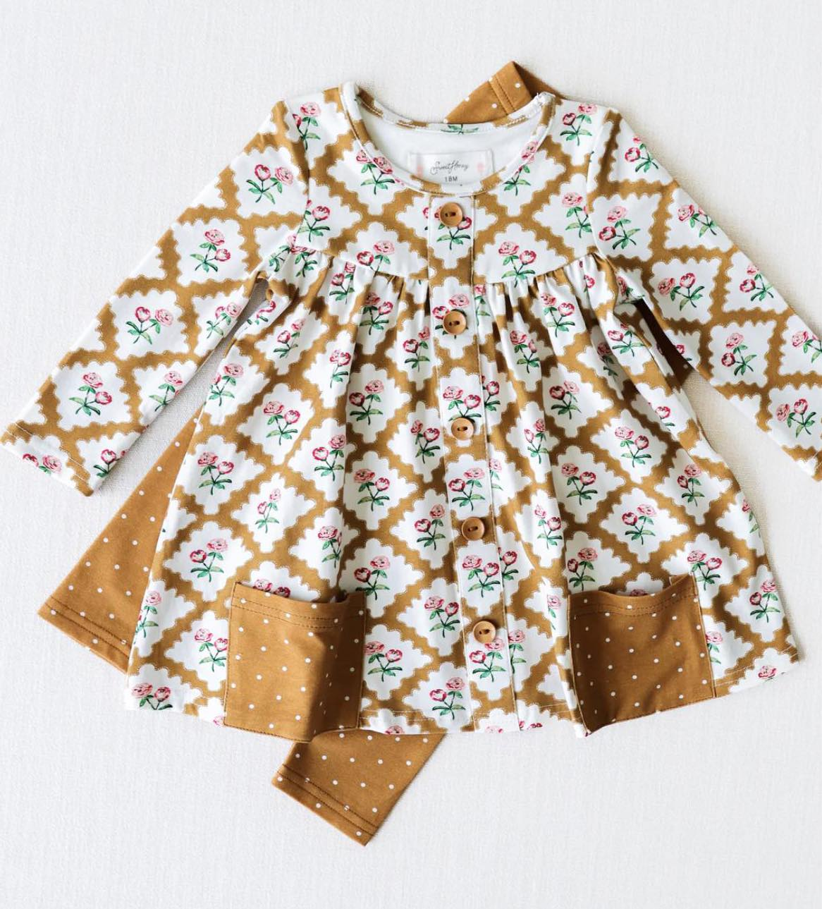 custom Flowers pockets long sleeve brown dot pants girls set